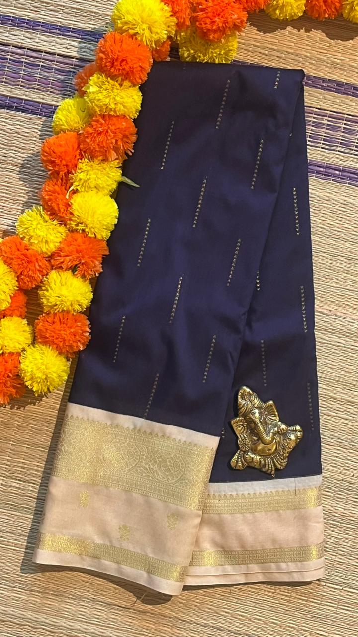 Semi silk Half White Border Saree - 01-09B-09-03 (Navy Blue)