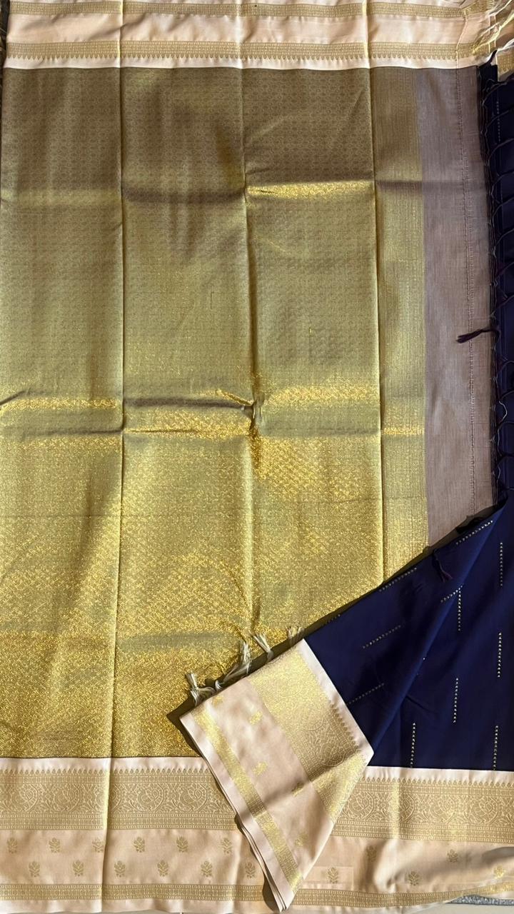 Semi silk Half White Border Saree - 01-09B-09-03 (Navy Blue)