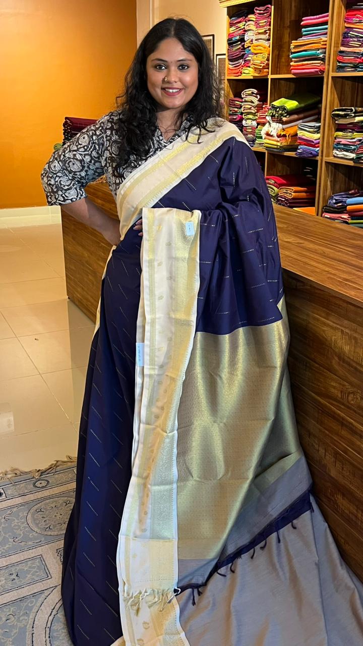 Semi silk Half White Border Saree - 01-09B-09-03 (Navy Blue)