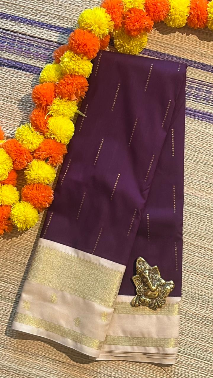 Semi silk Half White Border Saree - 01-09B-09-04 (Paaku colour)