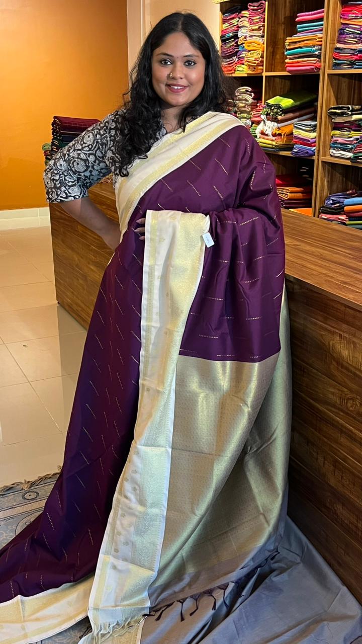 Semi silk Half White Border Saree - 01-09B-09-04 (Paaku colour)