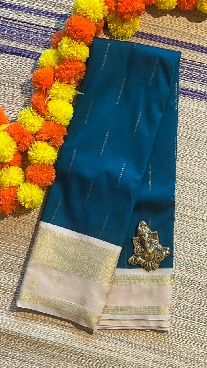 Semi silk Half White Border Saree - 01-09B-09-06 (Ramar Blue)