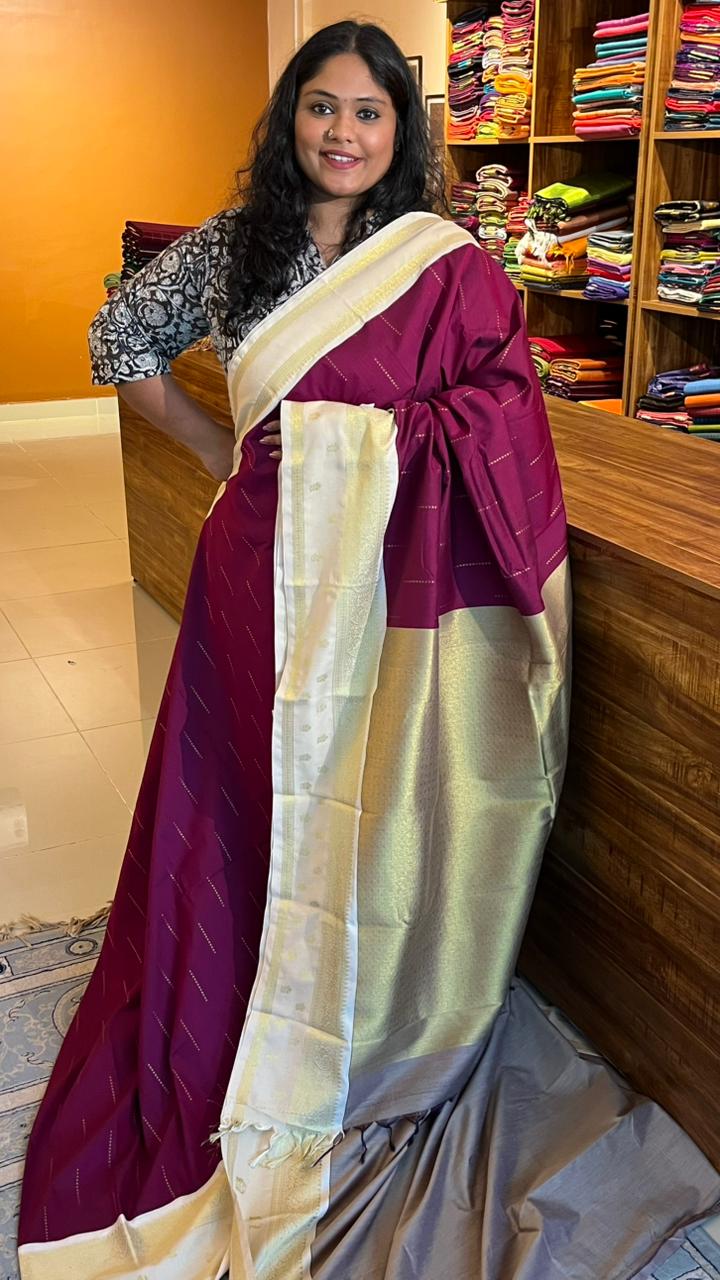 Semi silk Half White Border Saree - 01-09B-09-05 (Dark Pink)