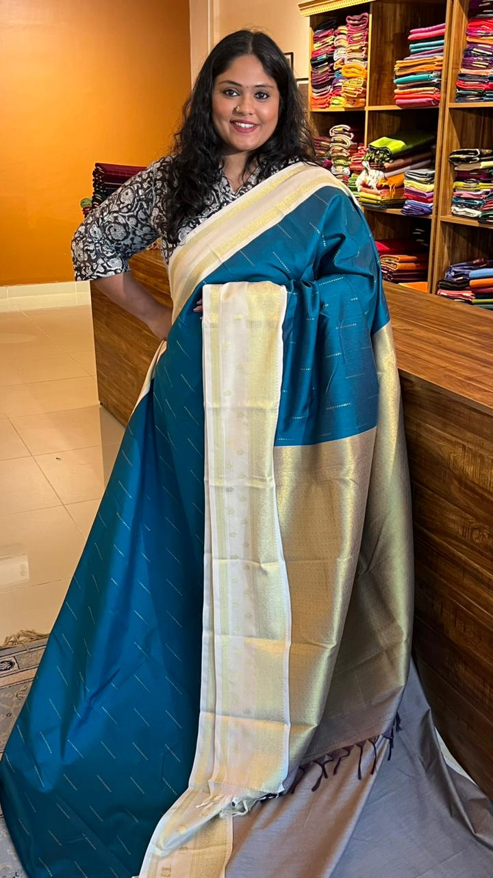 Semi silk Half White Border Saree - 01-09B-09-06 (Ramar Blue)