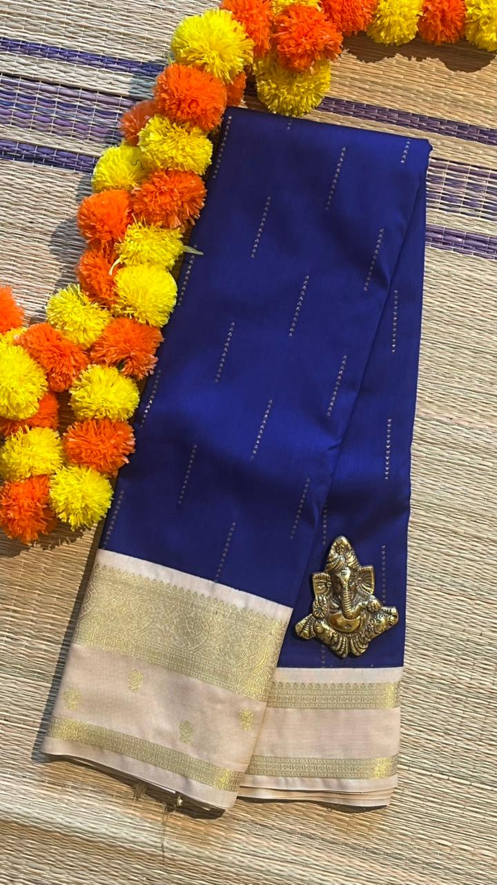 Semi silk Half White Border Saree - 01-09B-09-09 (Ink Blue)