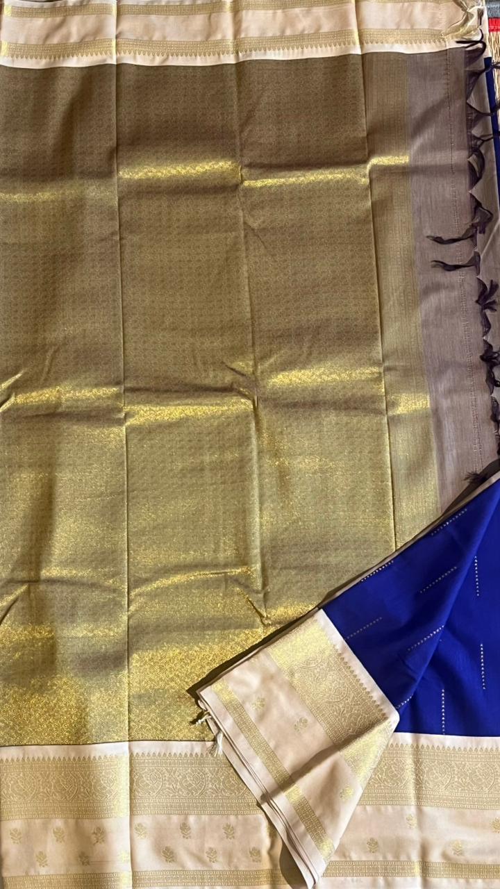 Semi silk Half White Border Saree - 01-09B-09-09 (Ink Blue)