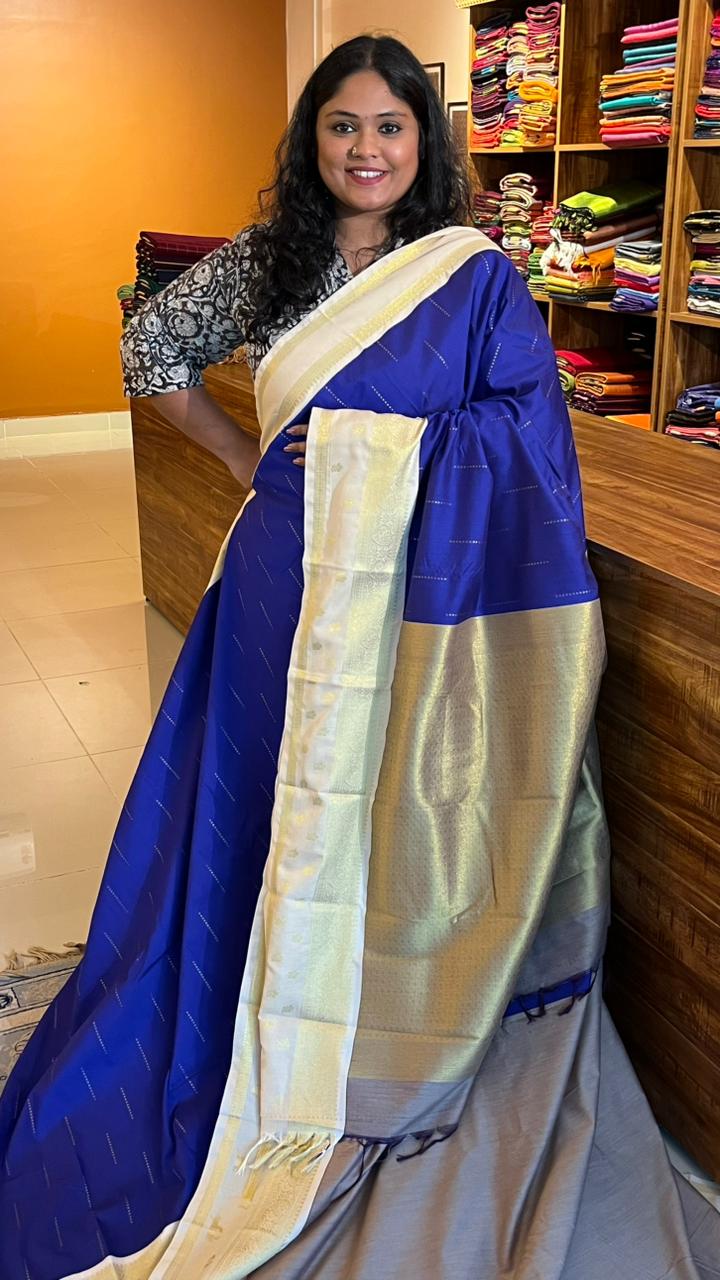 Semi silk Half White Border Saree - 01-09B-09-09 (Ink Blue)