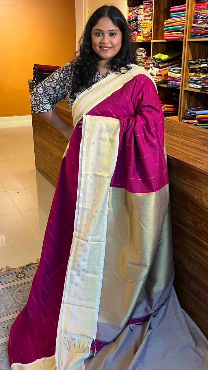 Semi silk Half White Border Saree - 01-09B-09-08 (Rani Pink)