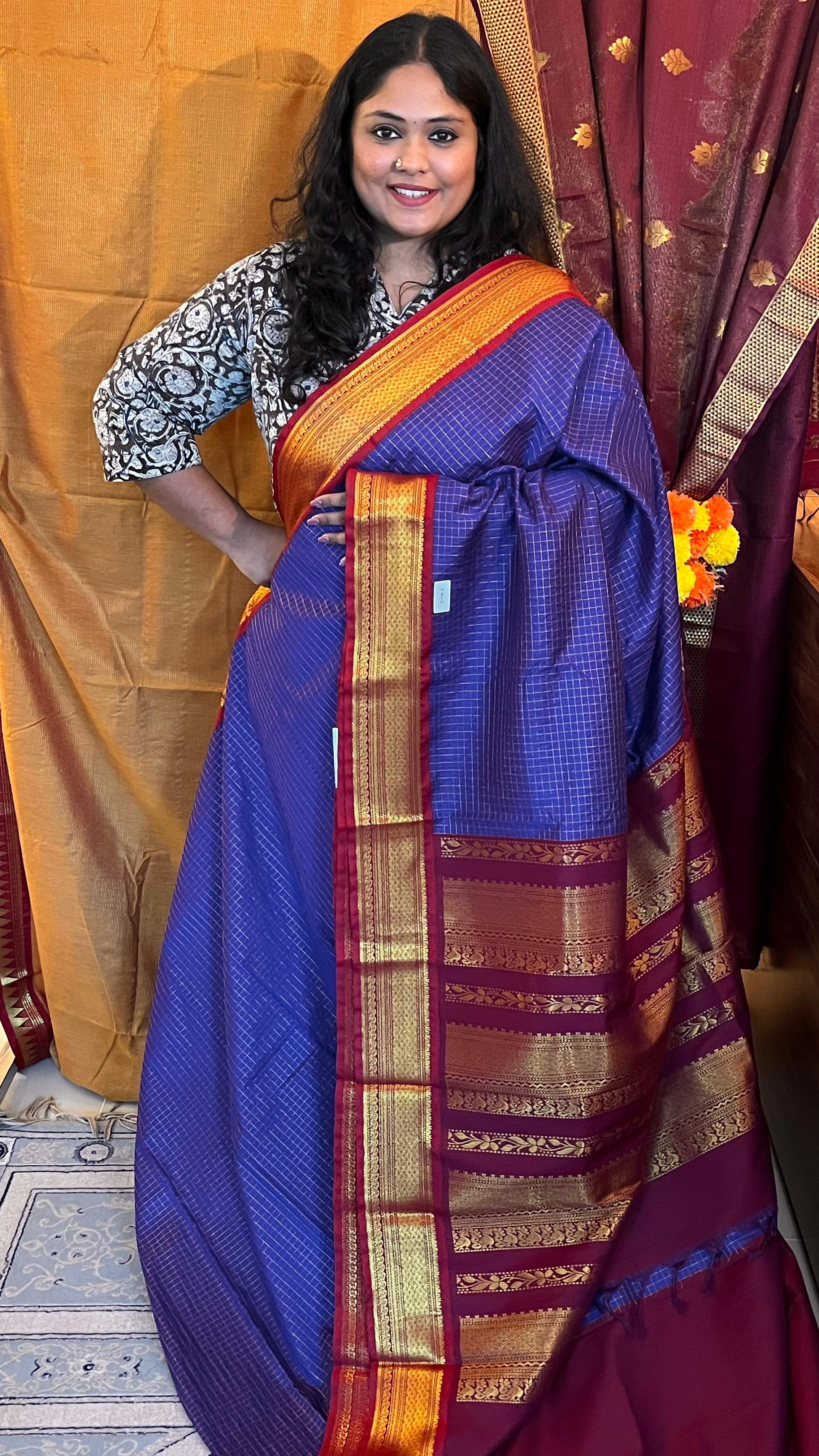 Semi Silk Checks Saree - 01-09B-07-12 (Blue with red)