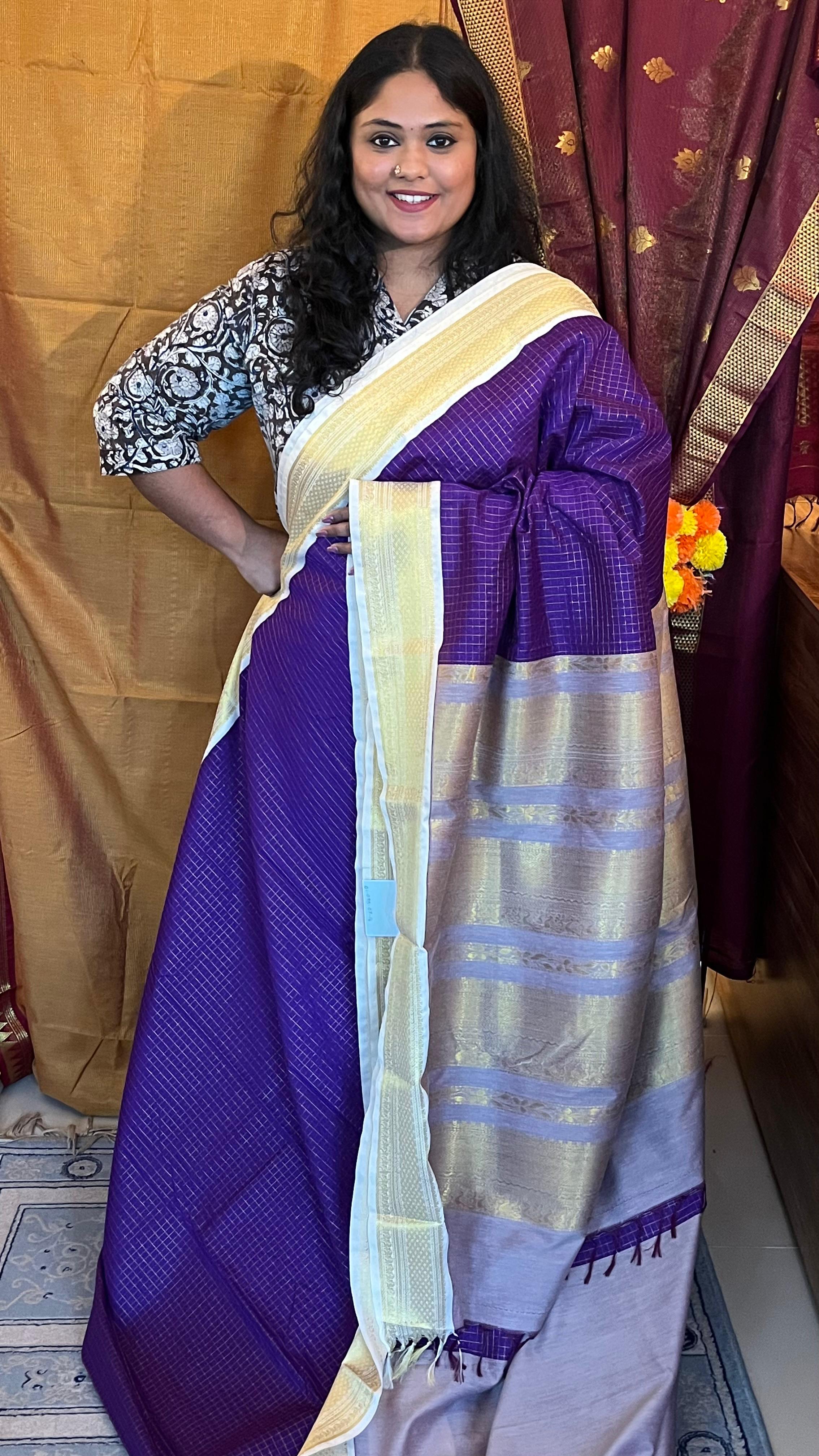 Semi Silk Checks Saree - 01-09B-07-14 (Violet)