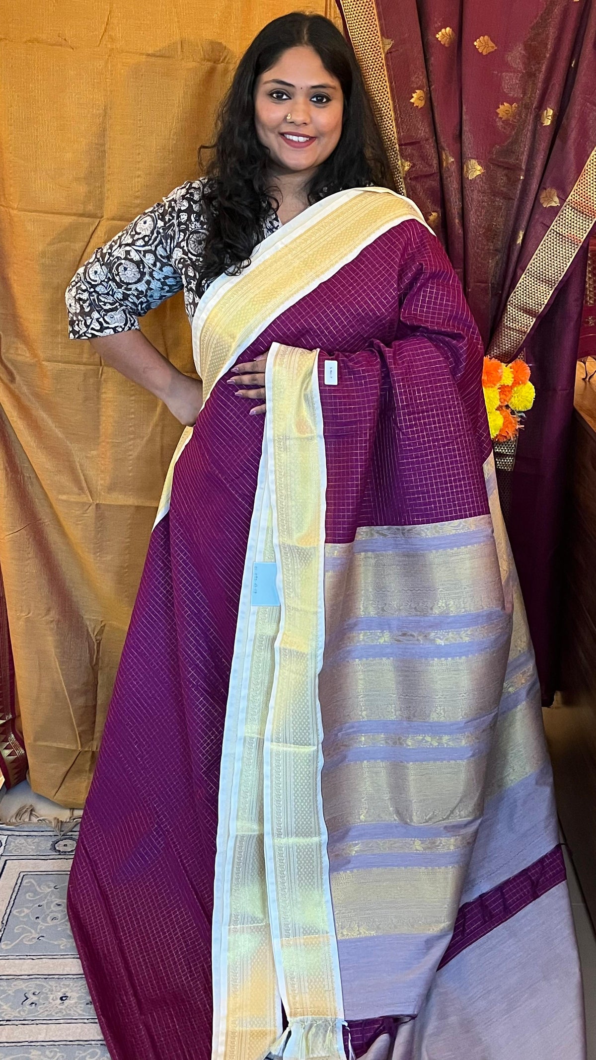 Semi Silk Checks Saree - 01-09B-07-20  (Meganta)