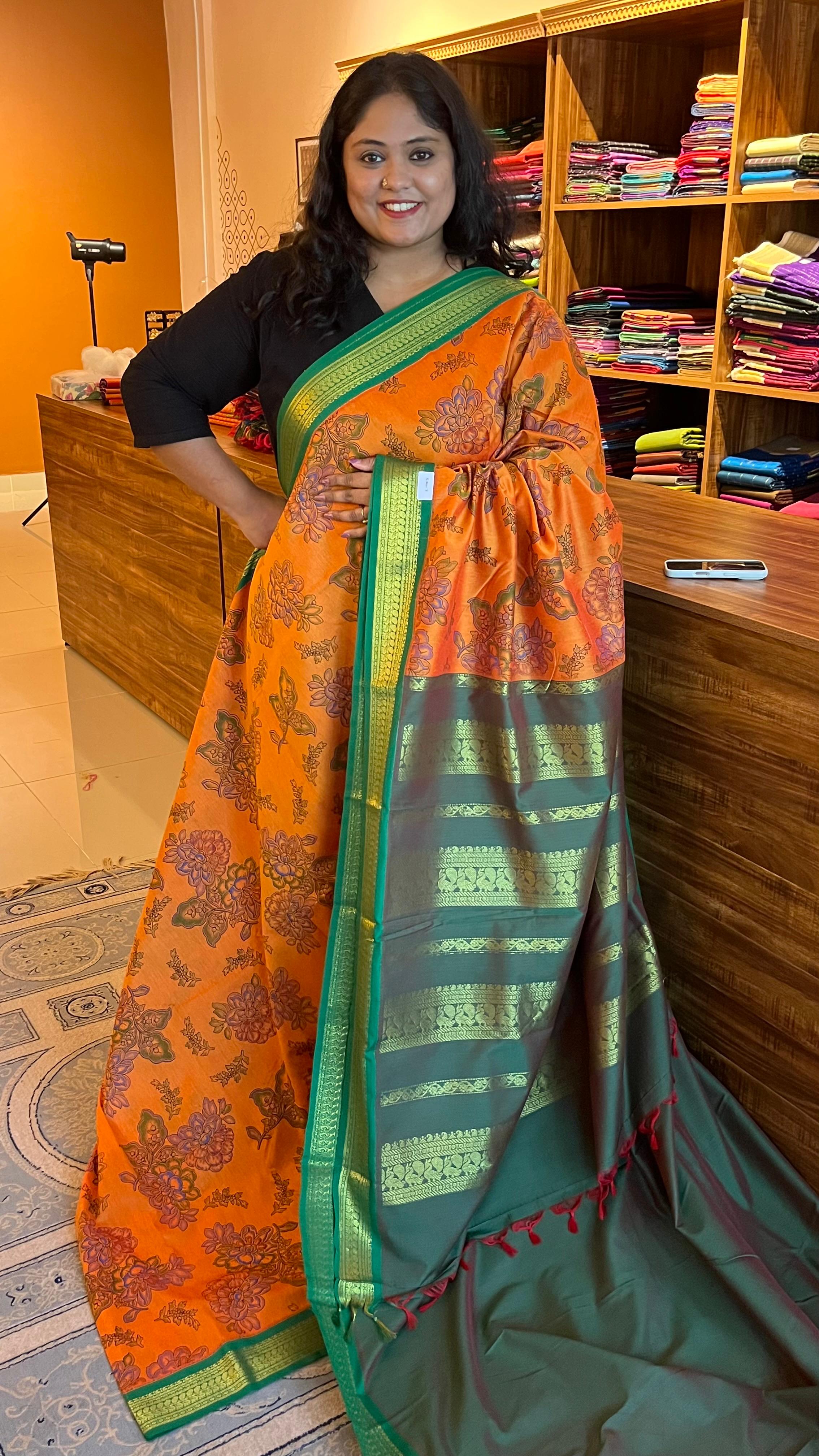 Kalamkari Printed Semi Silk Saree - 01-07-07B-06 (Yellow with Green)