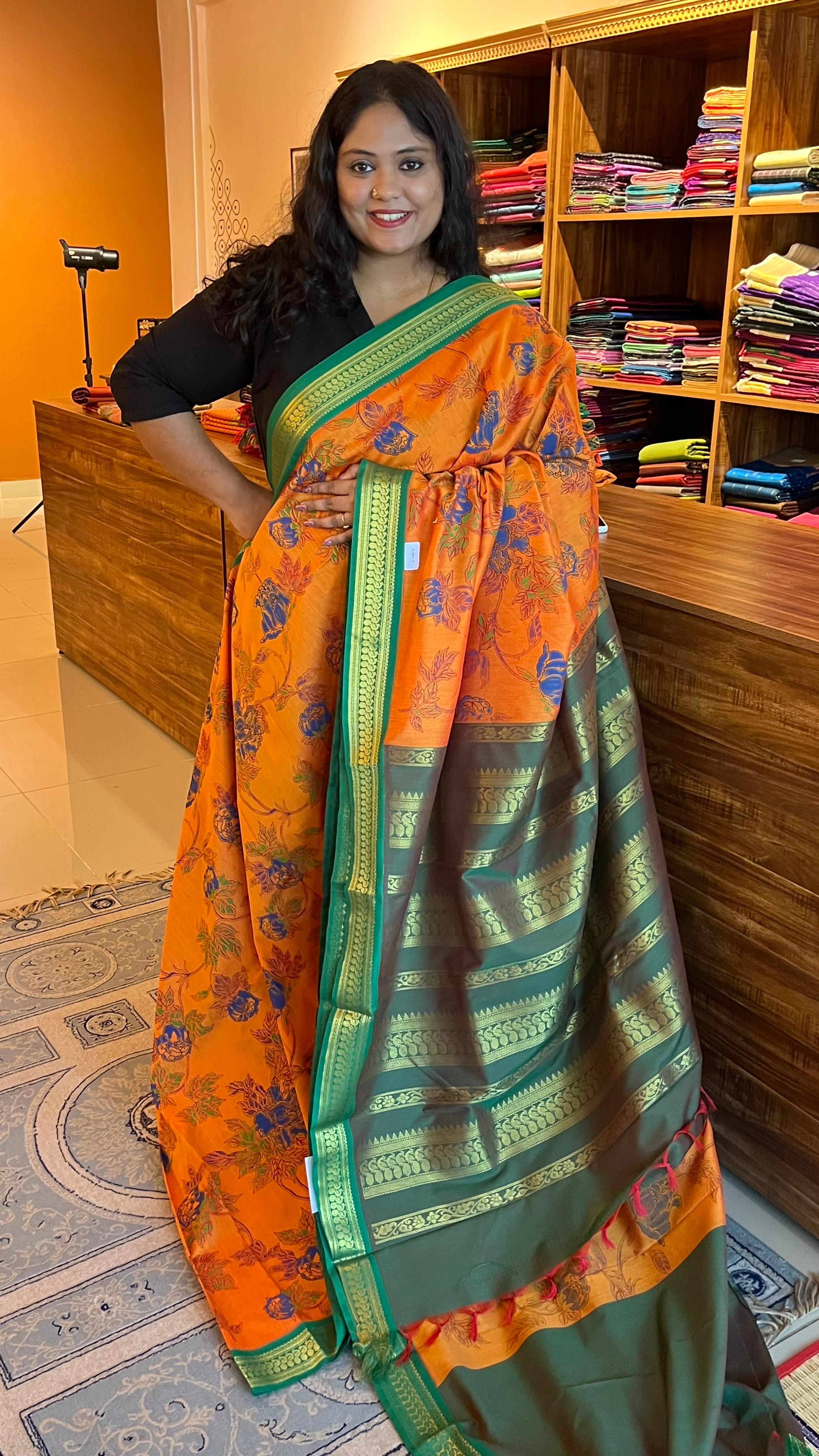 Kalamkari Printed Semi Silk Saree - 01-07-07B-25 (Yellow with Green)