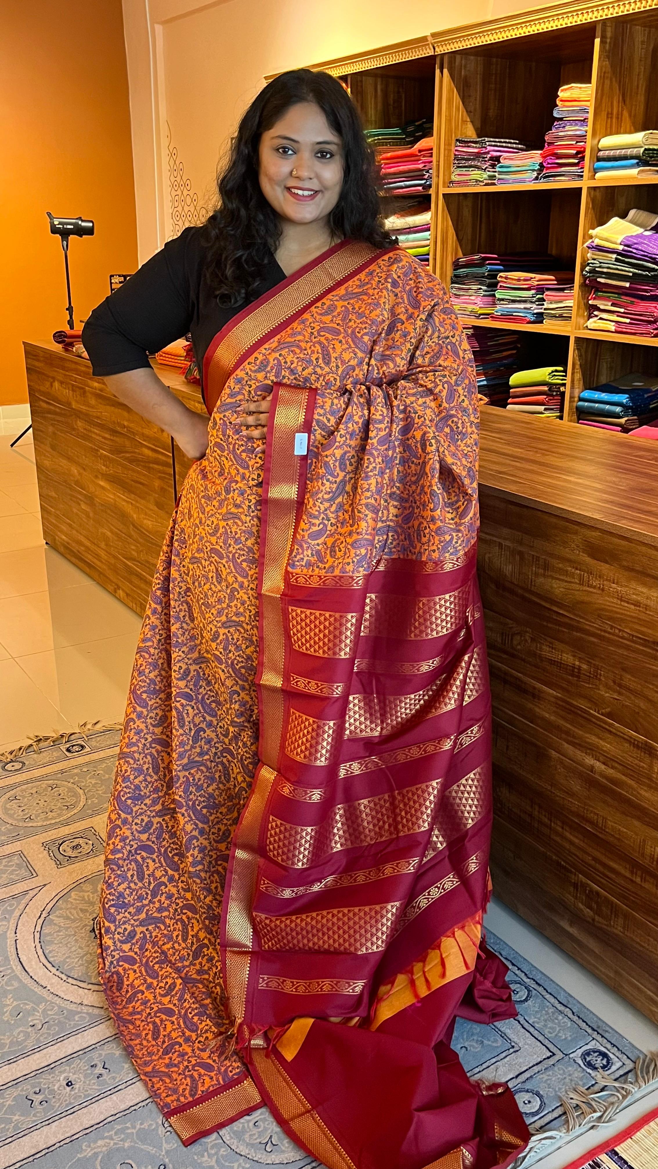 Kalamkari Printed Semi Silk Saree - 01-07-07B-21 ( Yellow with Red)