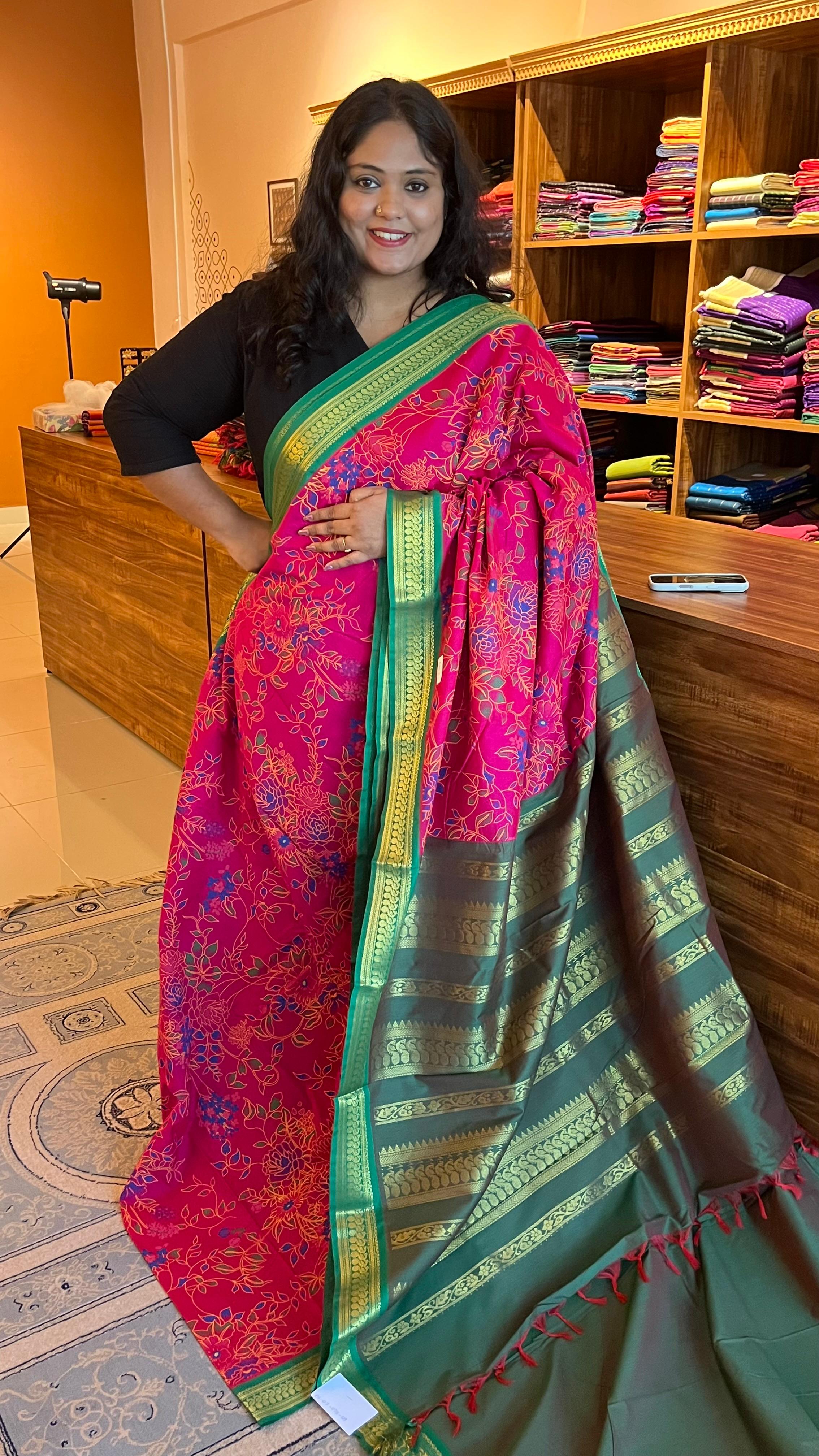 Kalamkari Printed Semi Silk Saree - 01-07-07B-09 (Pink with Green)