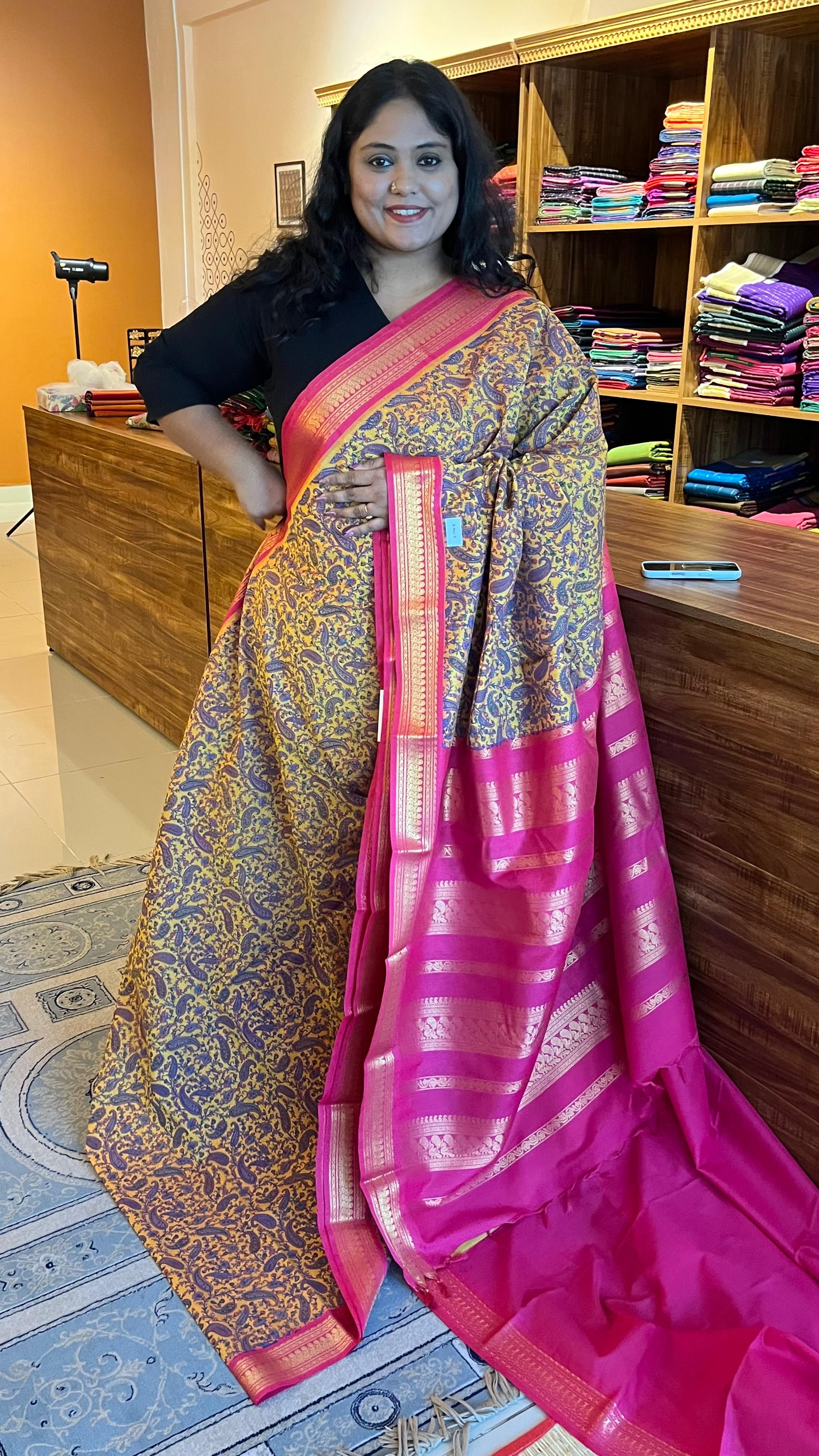 Kalamkari Printed Semi Silk Saree - 01-07-07B-17 (Yellow with Pink)