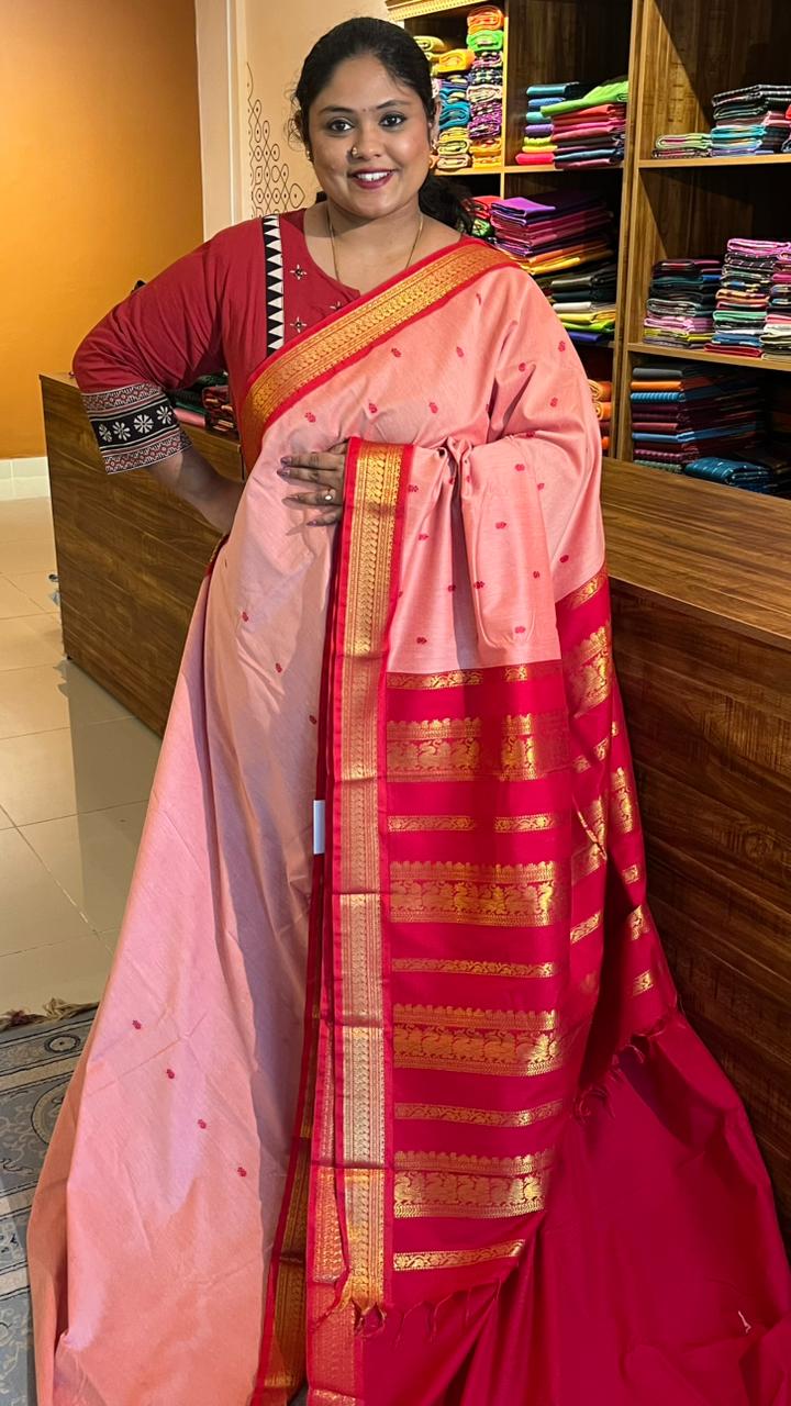 Semi Silk Bhutta Saree - 01-08B-02-08 (Peach with Orange)