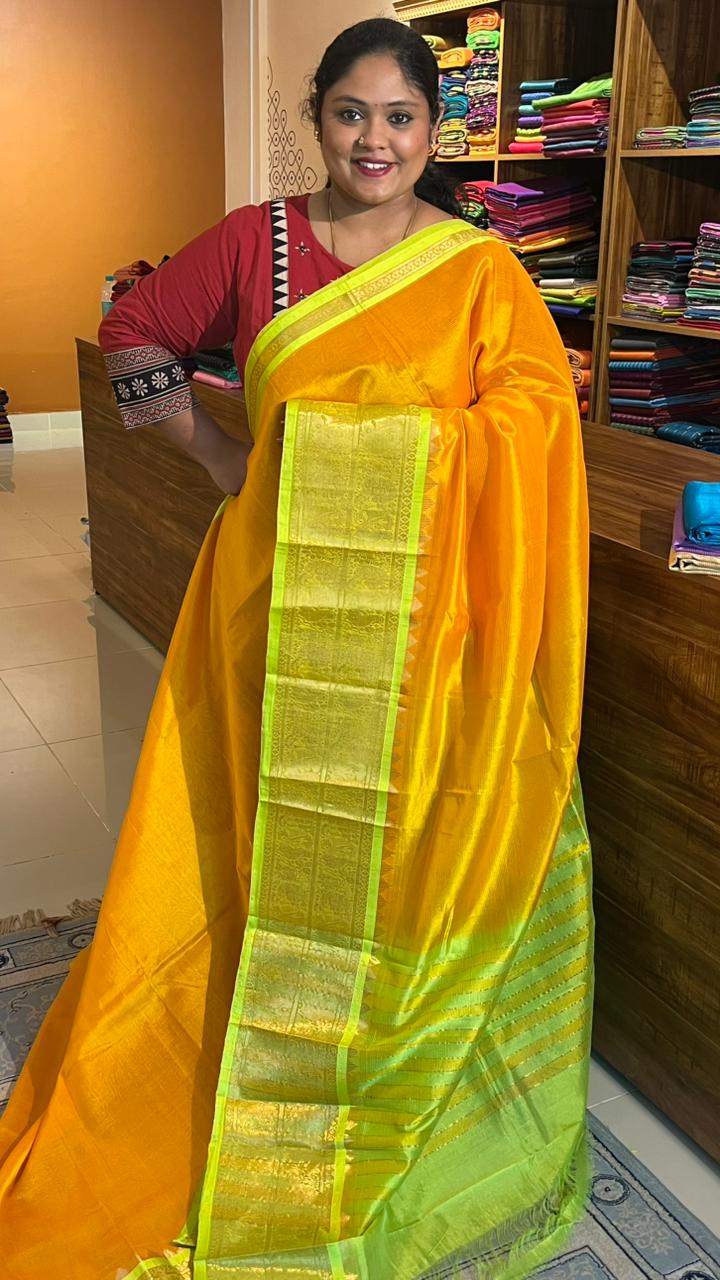 Mangalagiri Silk Cotton Kanchi Border Saree - 15-10B-02-04 (Turmeric Yellow with Light Green)