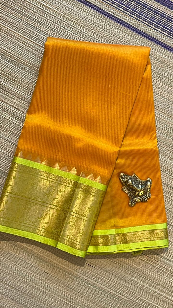 Mangalagiri Silk Cotton Kanchi Border Saree - 15-10B-02-04 (Turmeric Yellow with Light Green)