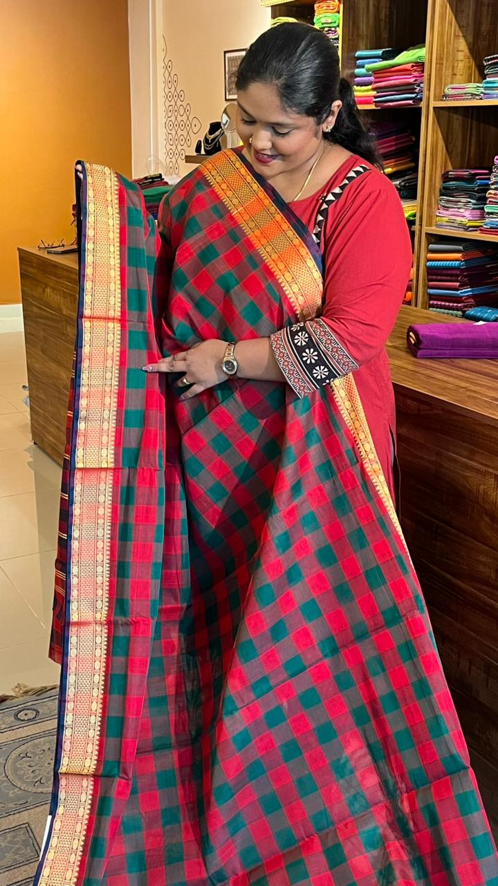 Devendra 10.5 Yards Madisar - 12-10B-14-9.5Y-02 (Red with Green Checks) (Copy)