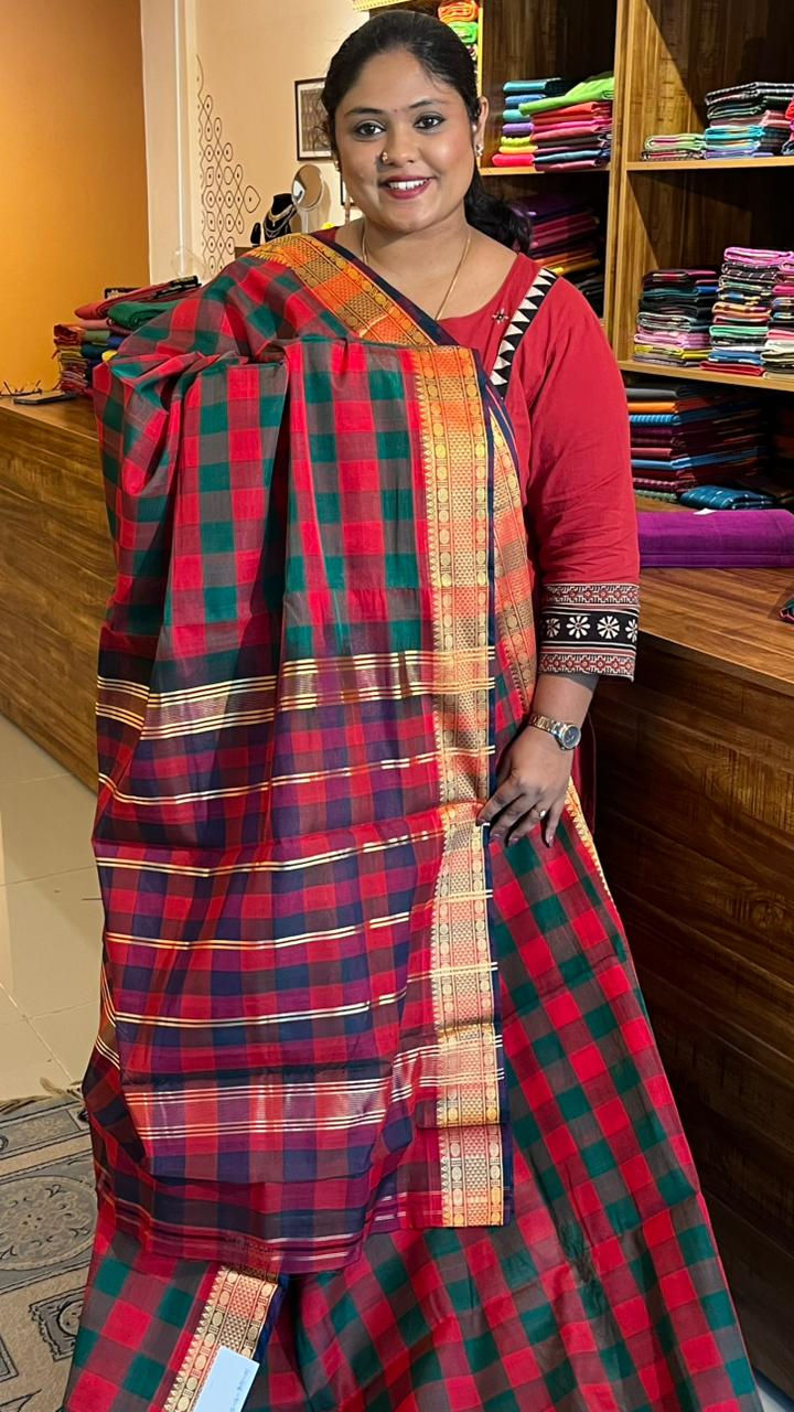 Devendra 10.5 Yards Madisar - 12-10B-14-9.5Y-02 (Red with Green Checks) (Copy)