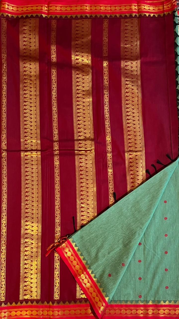 Semi Silk Bhutta Saree - 01-08B-02-19 (Pista Green with Red)
