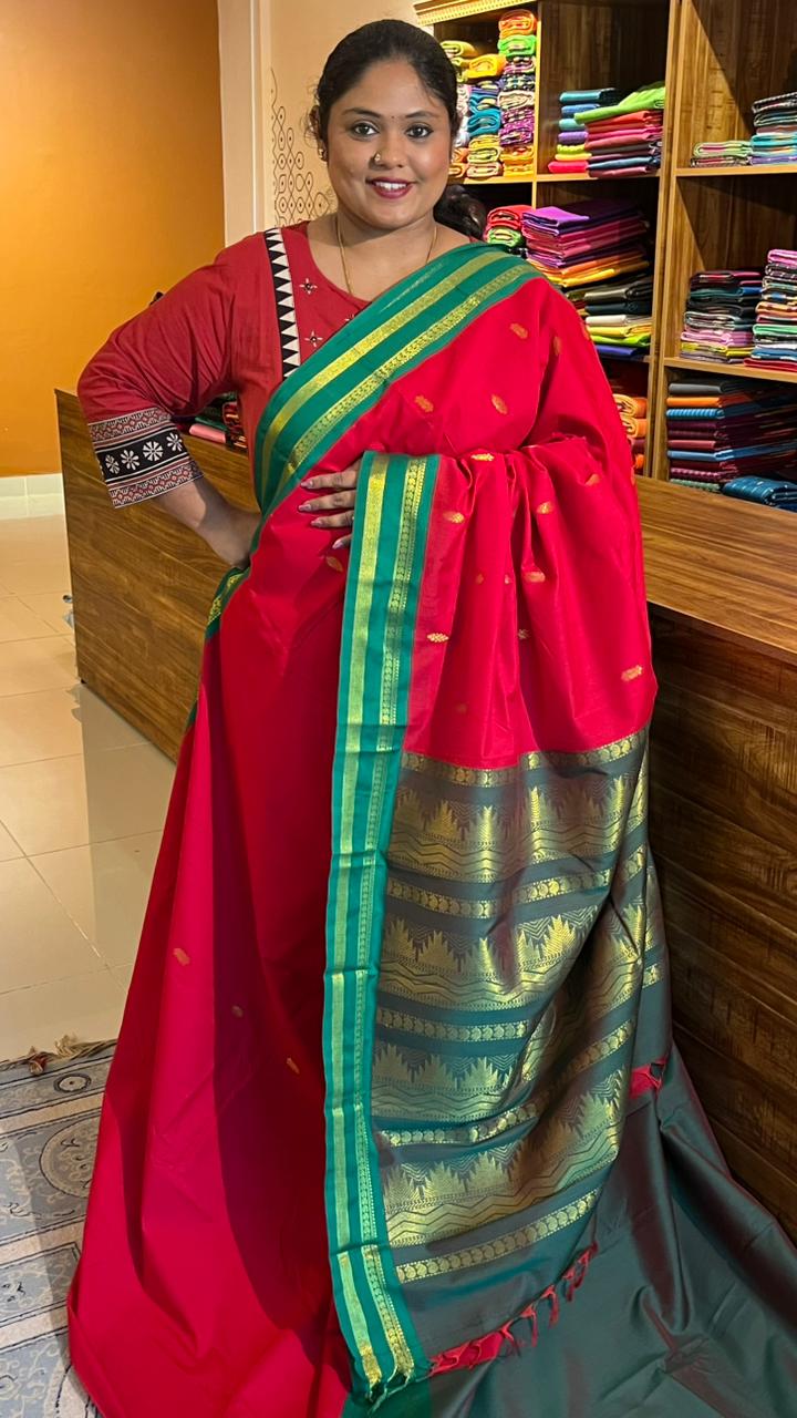 Semi Silk Bhutta Saree - 01-08B-02-28 ( Red With Green)