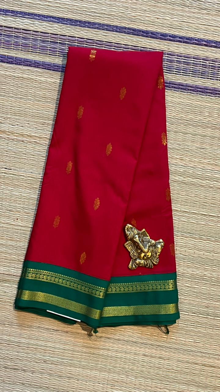 Semi Silk Bhutta Saree - 01-08B-02-28 ( Red With Green)