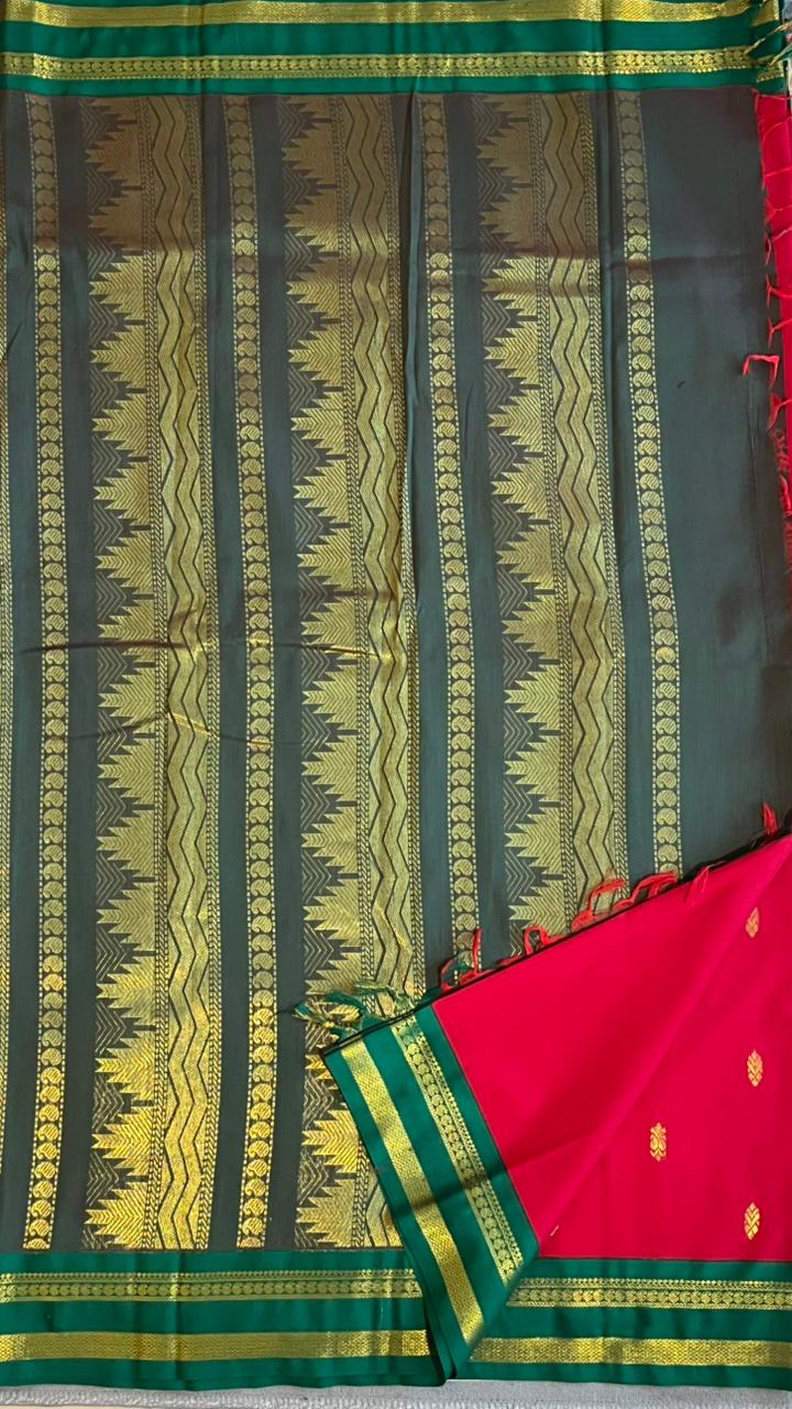 Semi Silk Bhutta Saree - 01-08B-02-28 ( Red With Green)