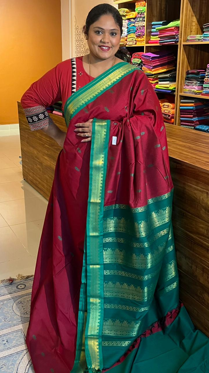 Semi Silk Bhutta Saree - 01-08B-02-07 ( Maroon With Green)