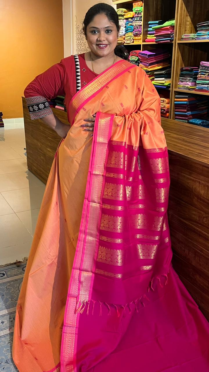 Semi Silk Bhutta Saree - 01-08B-02-04(Pastle Orange with Pink)