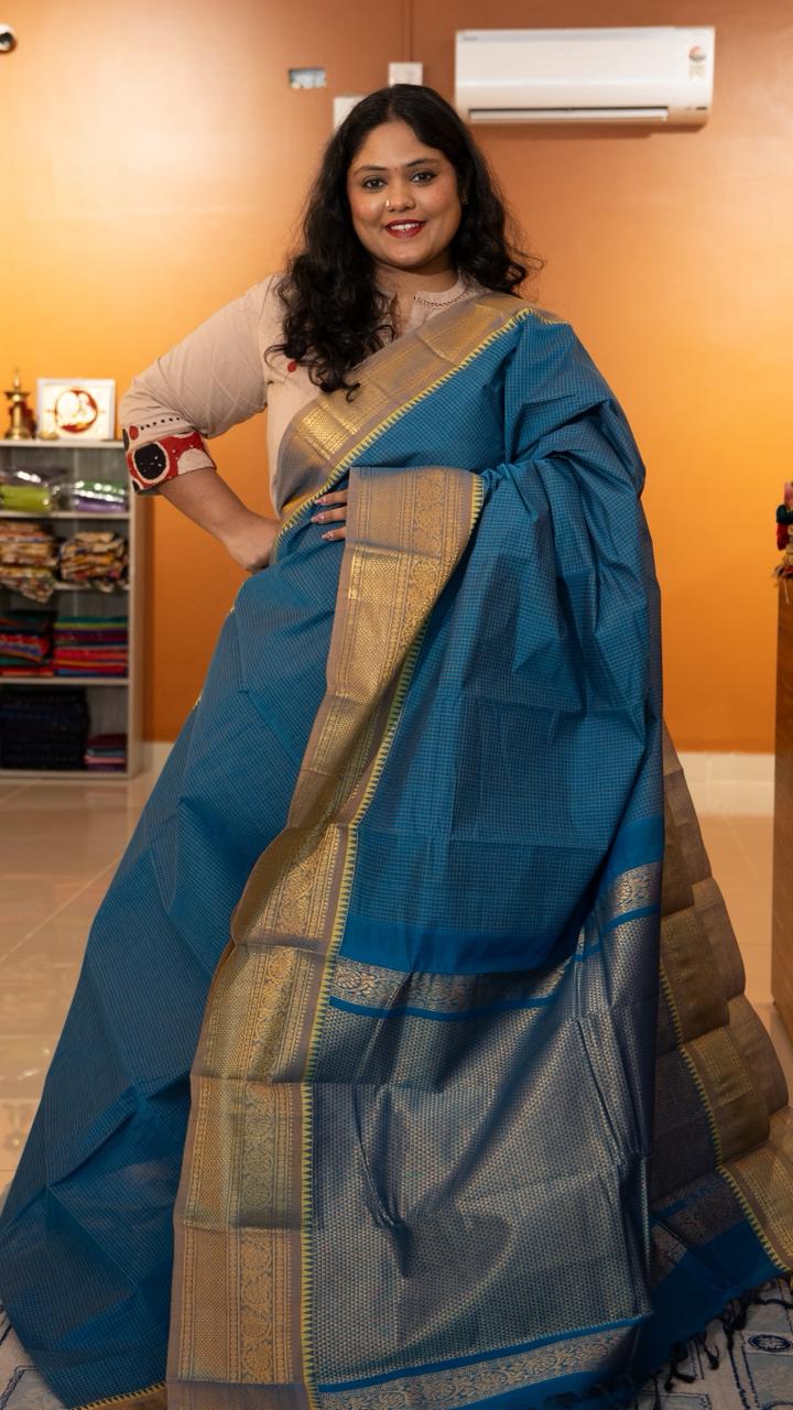 Kanchi Cotton Checks Saree - 01-09B-05-11 (Blue with Golden Border)