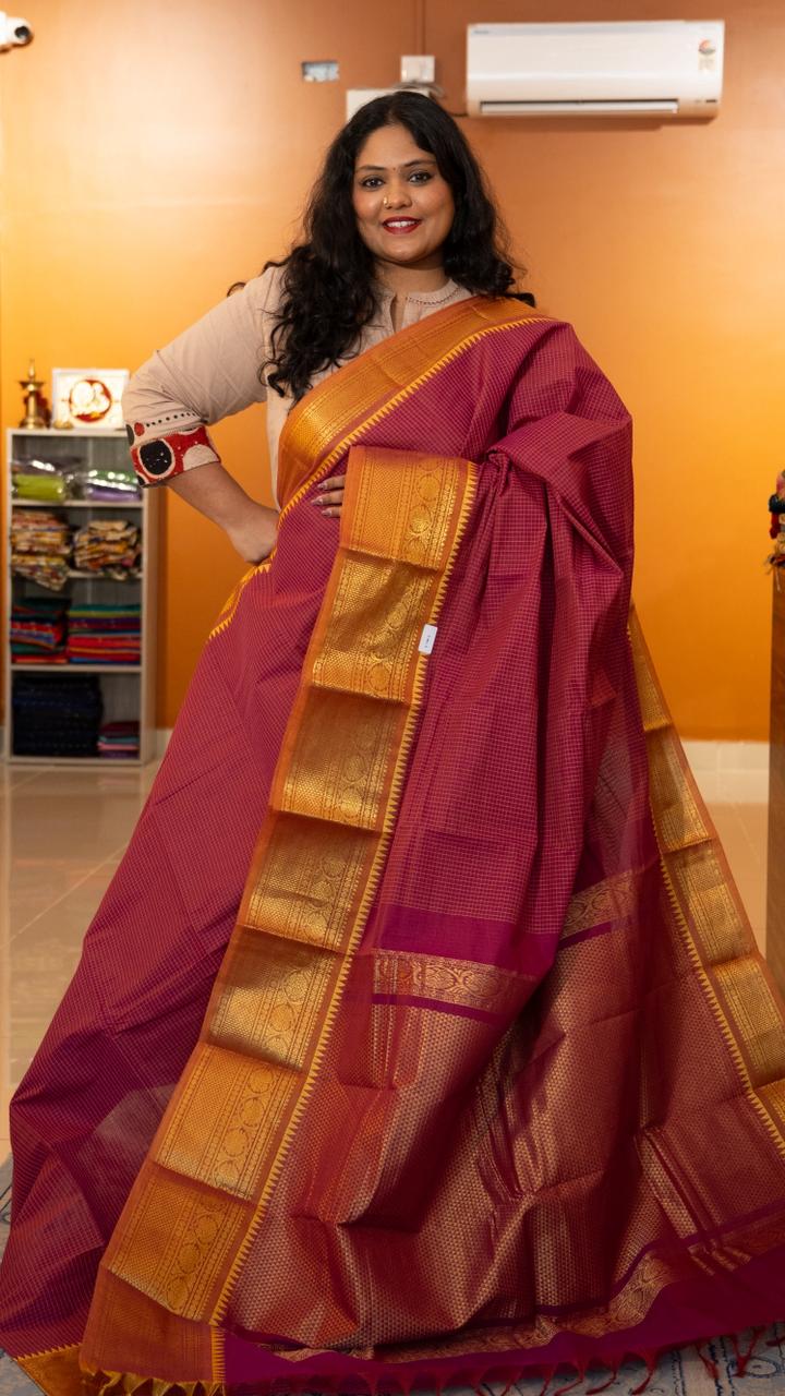Kanchi Cotton Checks Saree - 01-09B-05-14 (Pink with Orange Border)