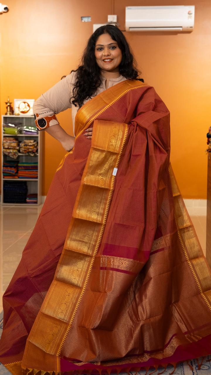 Kanchi Cotton Checks Saree - 01-09B-05-03 (Brown with Orange Border)