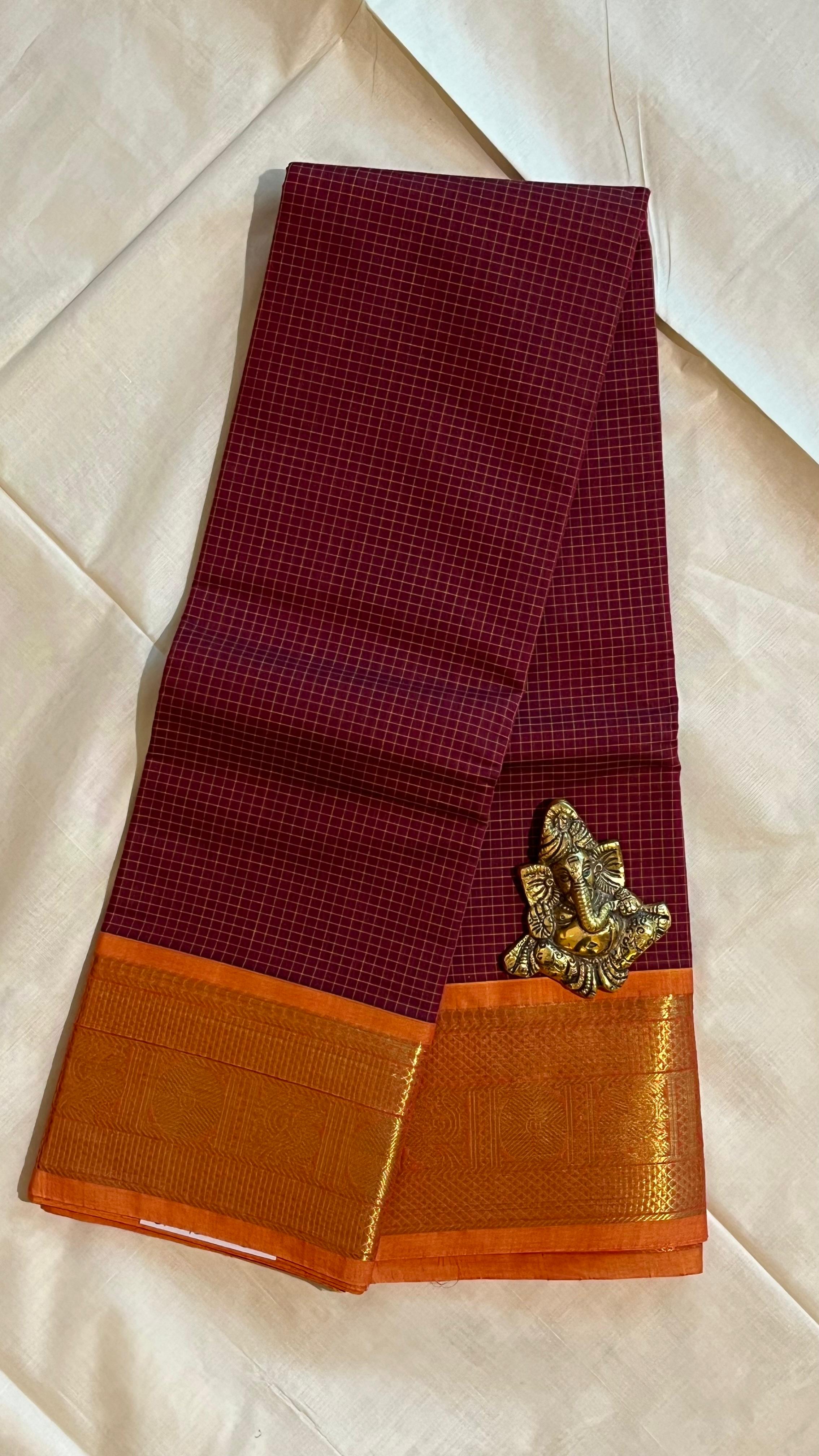 Kanchi Cotton Checks Saree - 01-09B-05-03 (Brown with Orange Border)