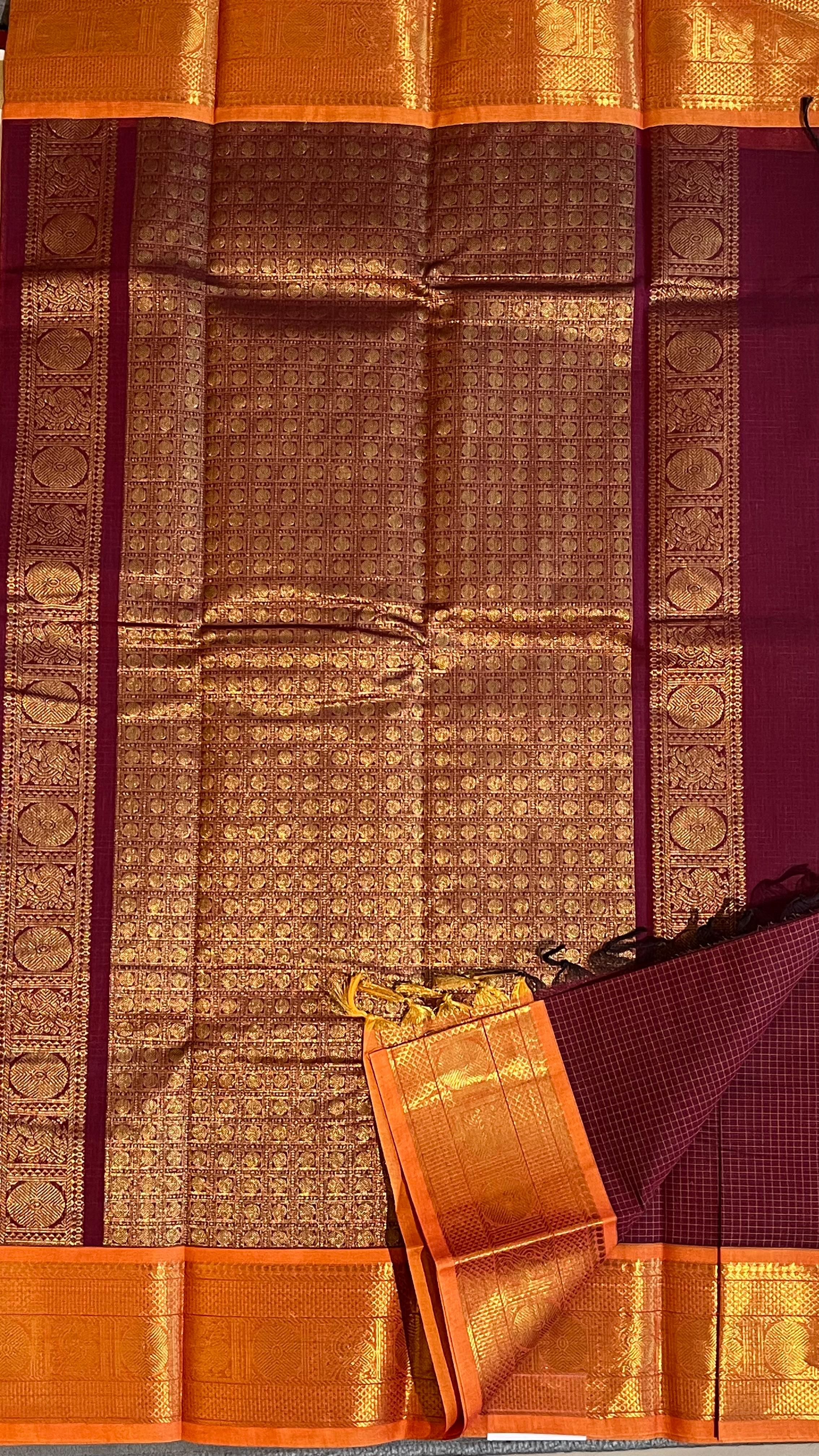 Kanchi Cotton Checks Saree - 01-09B-05-03 (Brown with Orange Border)