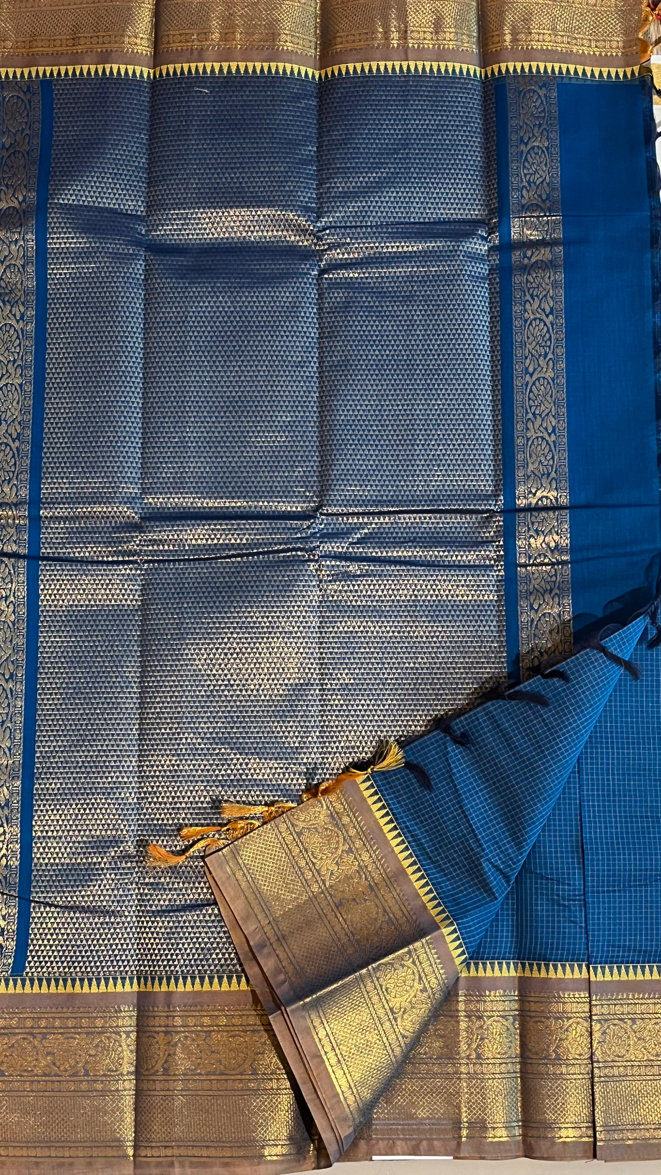 Kanchi Cotton Checks Saree - 01-09B-05-11 (Blue with Golden Border)