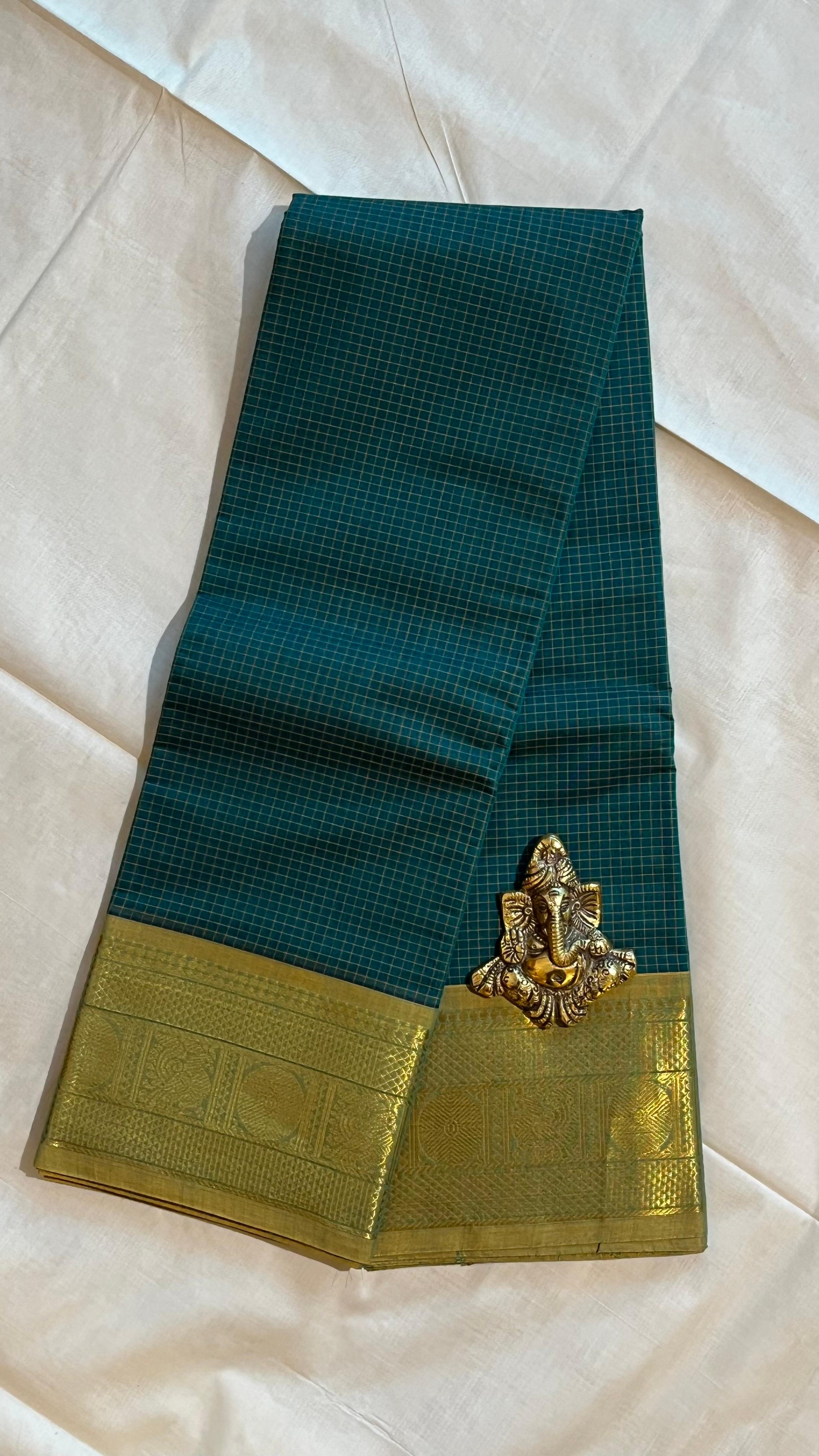 Kanchi Cotton Checks Saree - 01-09B-05-09 (Leaf Green with Golden Border)