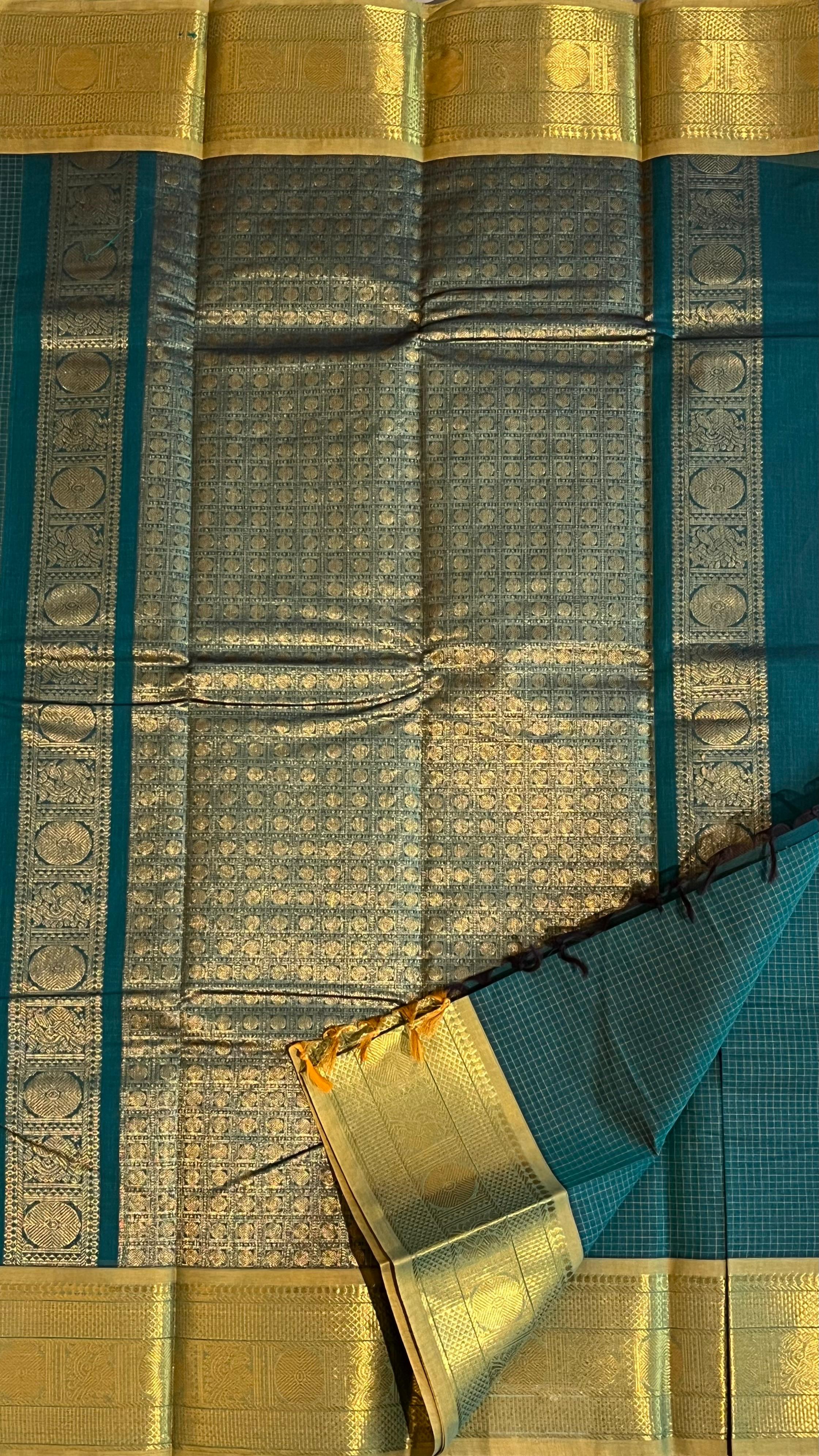 Kanchi Cotton Checks Saree - 01-09B-05-09 (Leaf Green with Golden Border)