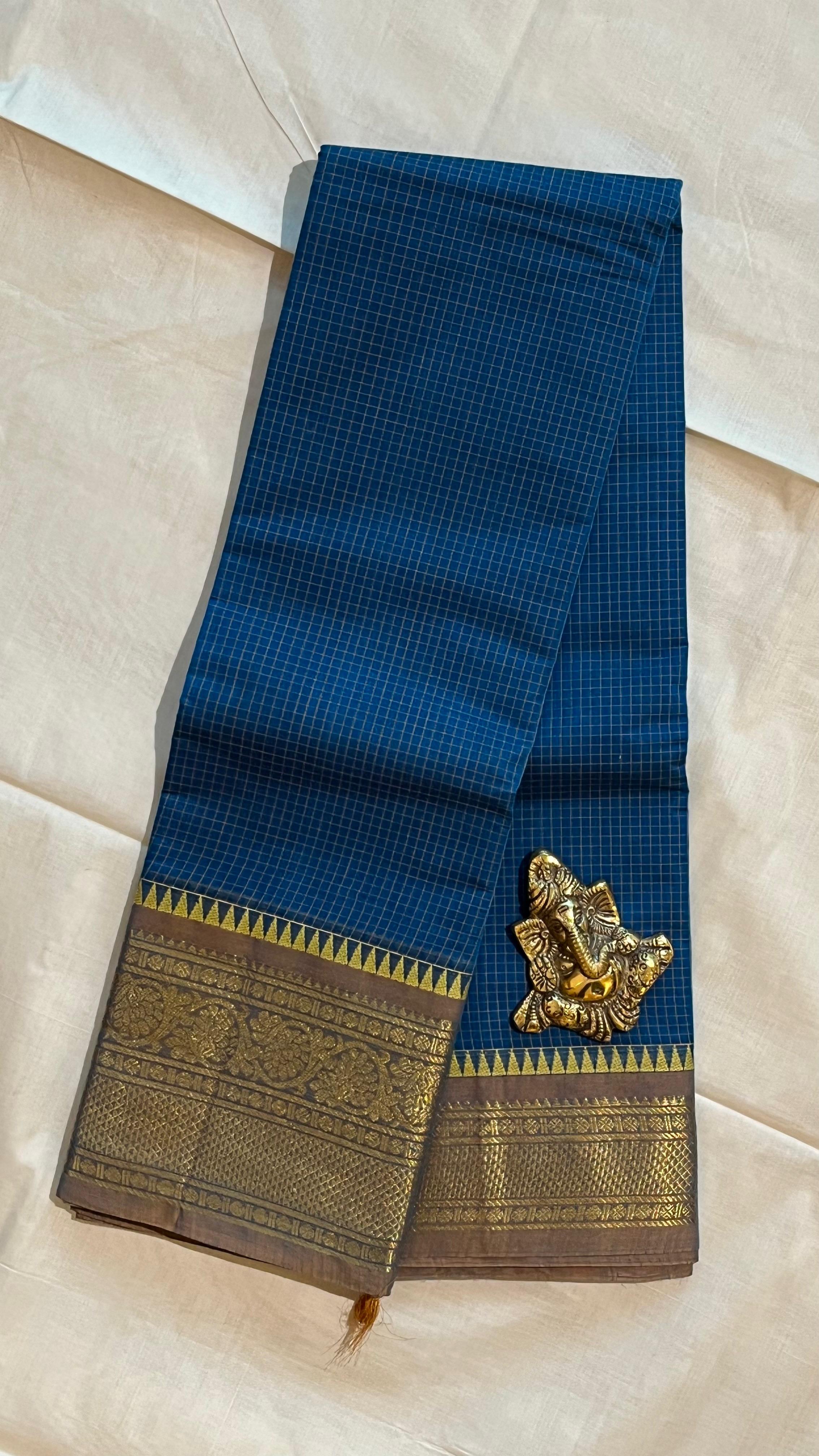 Kanchi Cotton Checks Saree - 01-09B-05-11 (Blue with Golden Border)