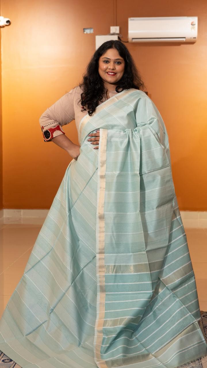 Maheshwari Silk Cotton Jute Saree - 05-08B-04-01 (Pale Mint Green)