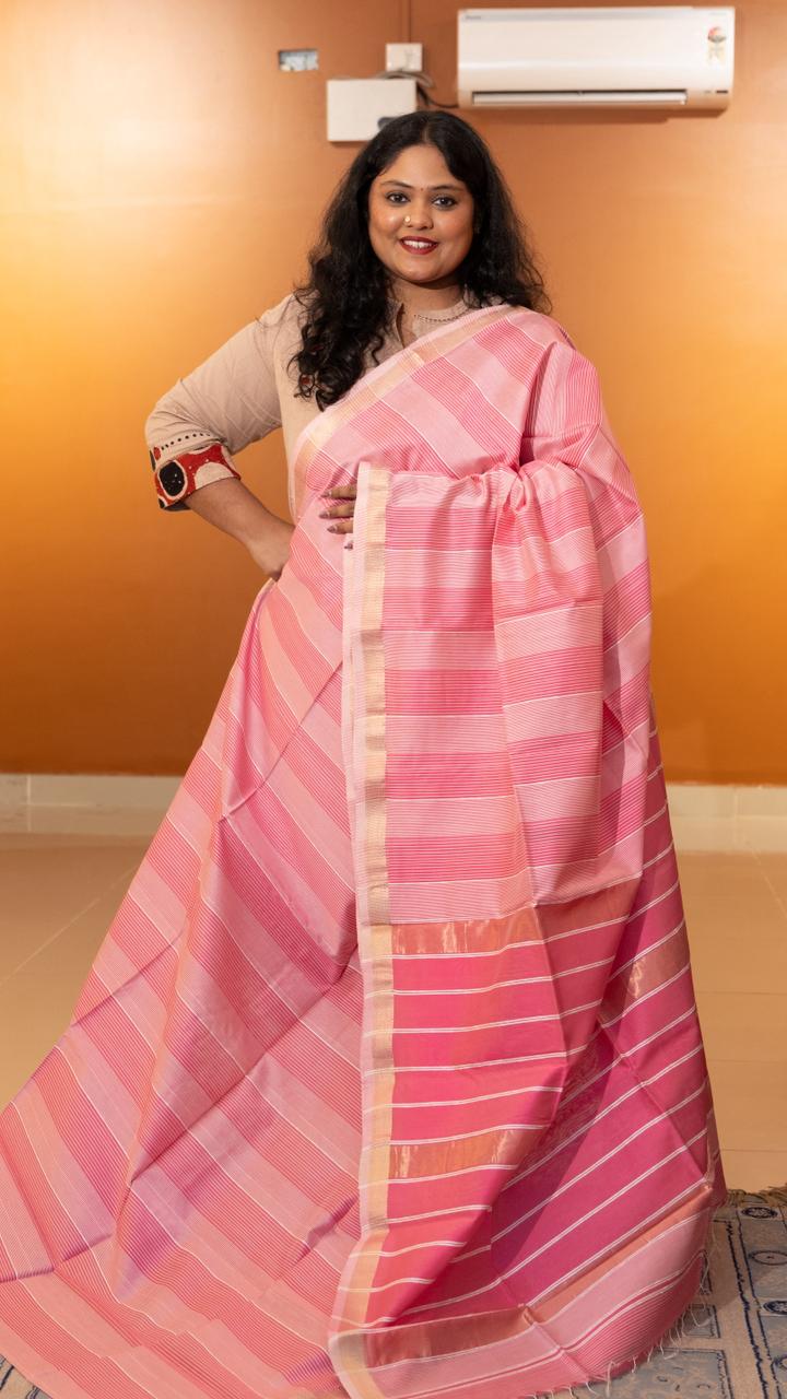 Maheshwari Silk Cotton Jute Saree - 05-08B-04-04 (Pink Stripes)