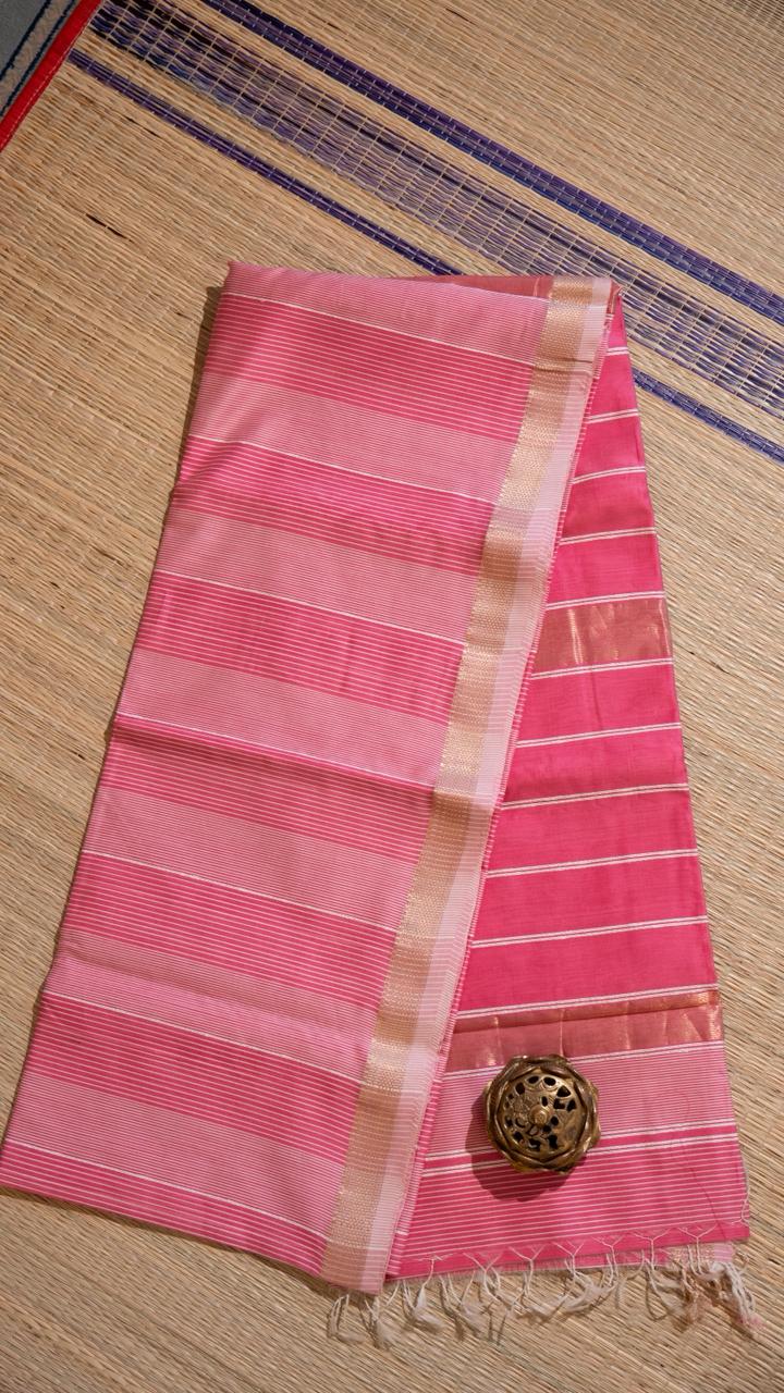 Maheshwari Silk Cotton Jute Saree - 05-08B-04-04 (Pink Stripes)