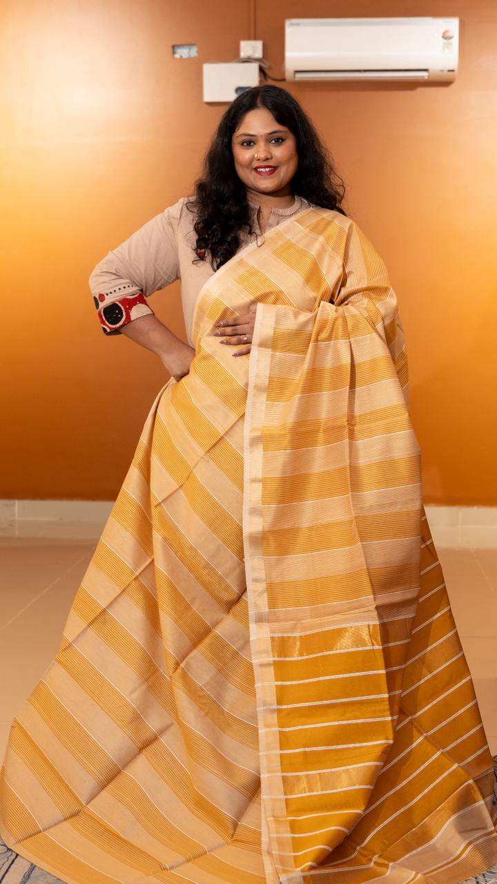 Maheshwari Silk Cotton Jute Saree - 05-08B-04-09 (Vibrant Yellow - Orange)