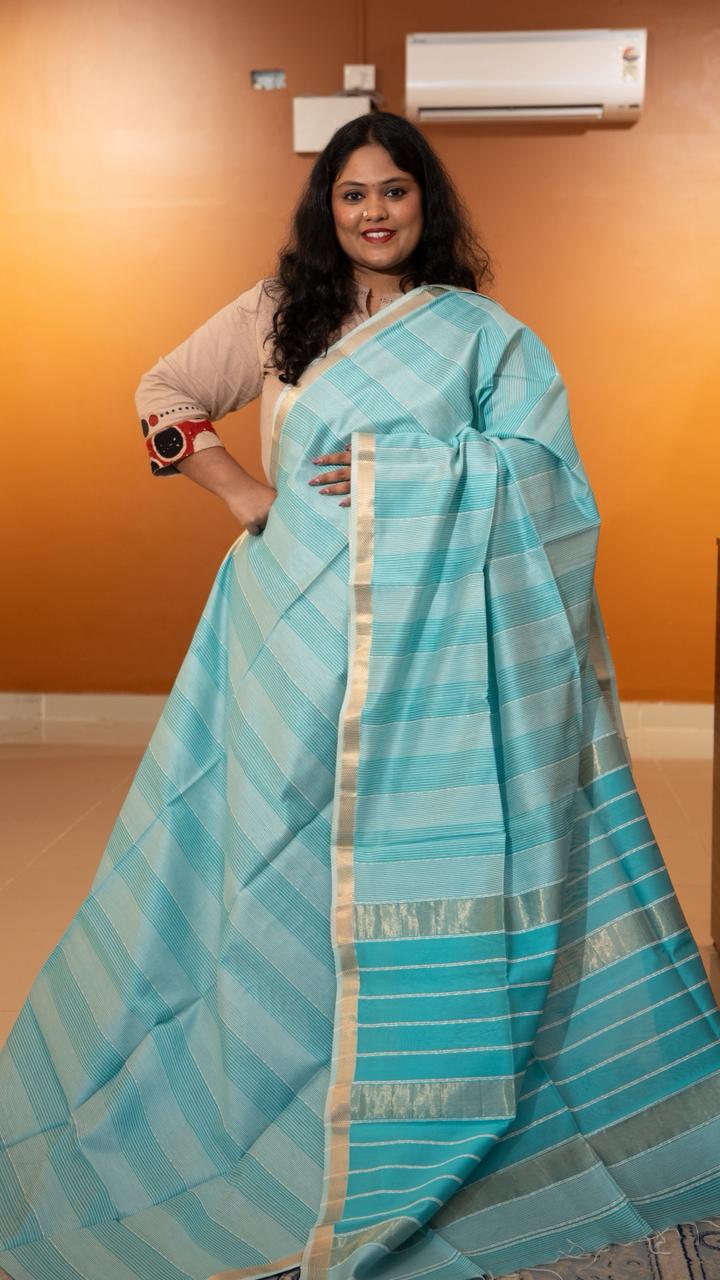 Maheshwari Silk Cotton Jute Saree - 05-08B-04-05 (Turquoise Blue)
