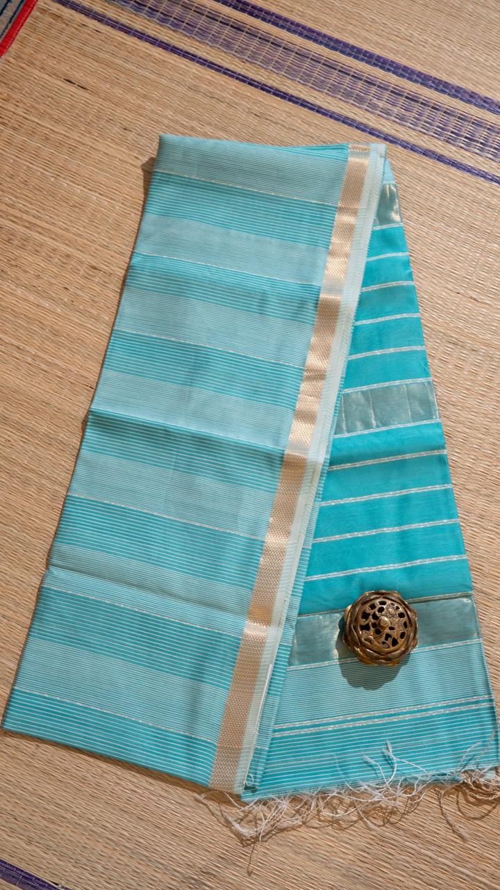 Maheshwari Silk Cotton Jute Saree - 05-08B-04-05 (Turquoise Blue)
