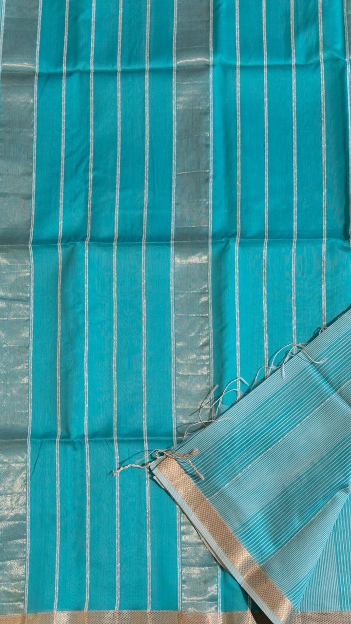 Maheshwari Silk Cotton Jute Saree - 05-08B-04-05 (Turquoise Blue)