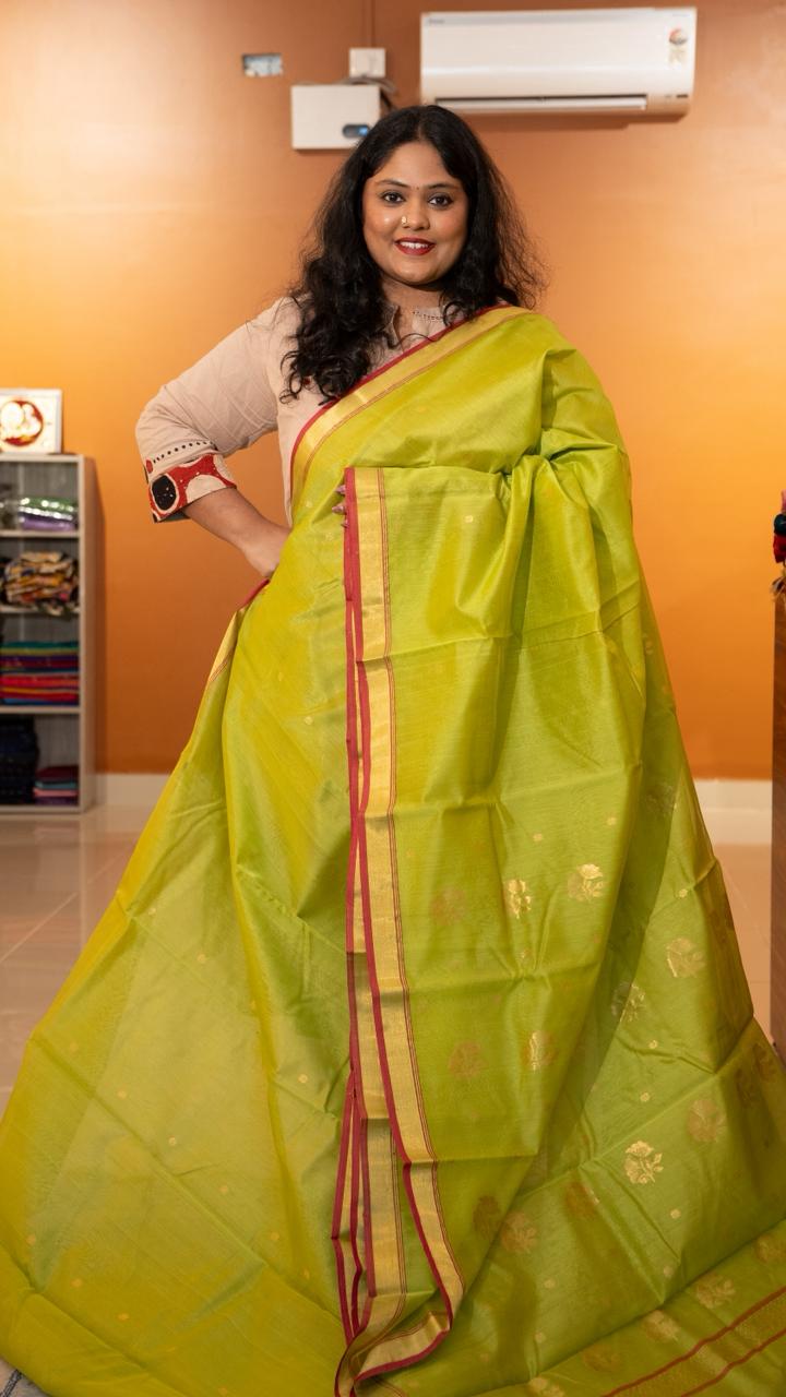 Chanderi Silk Cotton Saree - 51-10-02-02 (Lime Green)
