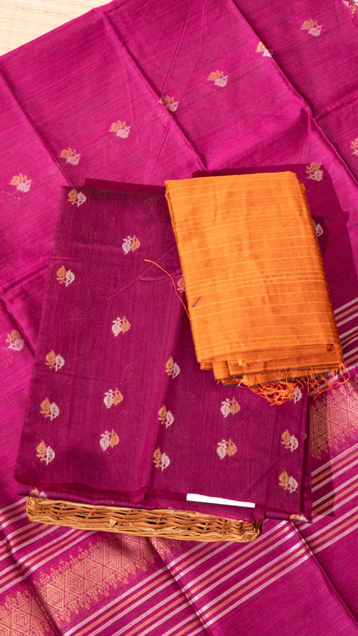Raw Silk Salwar Set - 15-10B-01-01 (Rani Pink with Orange Bottom)
