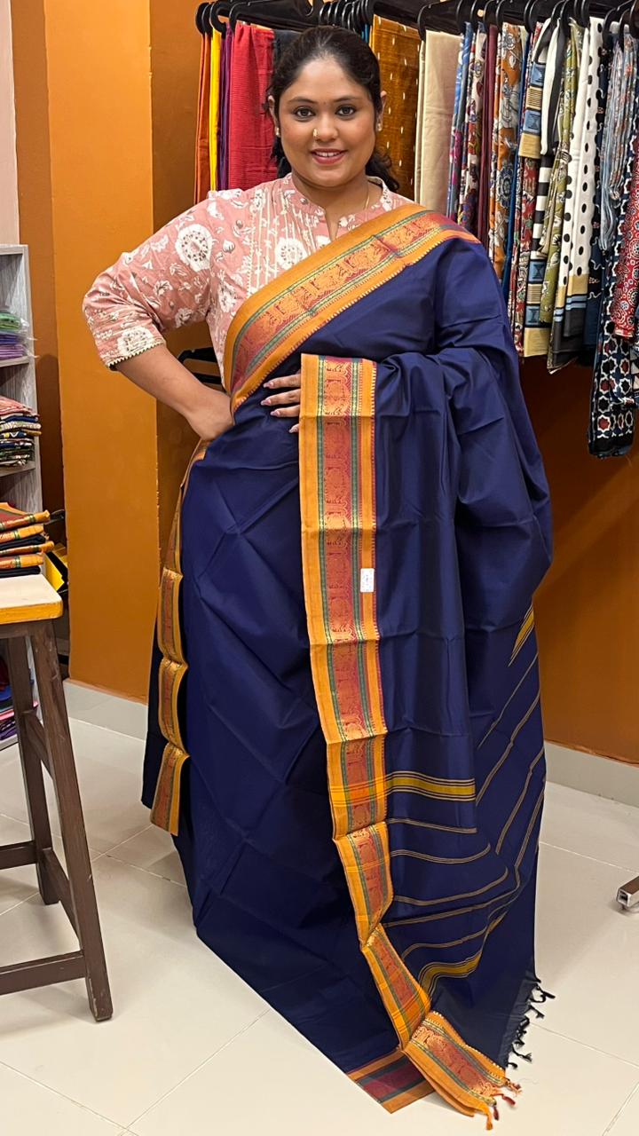 Mercerised Kanchi cotton saree - 01-03-07-MCS-03 (Blue)